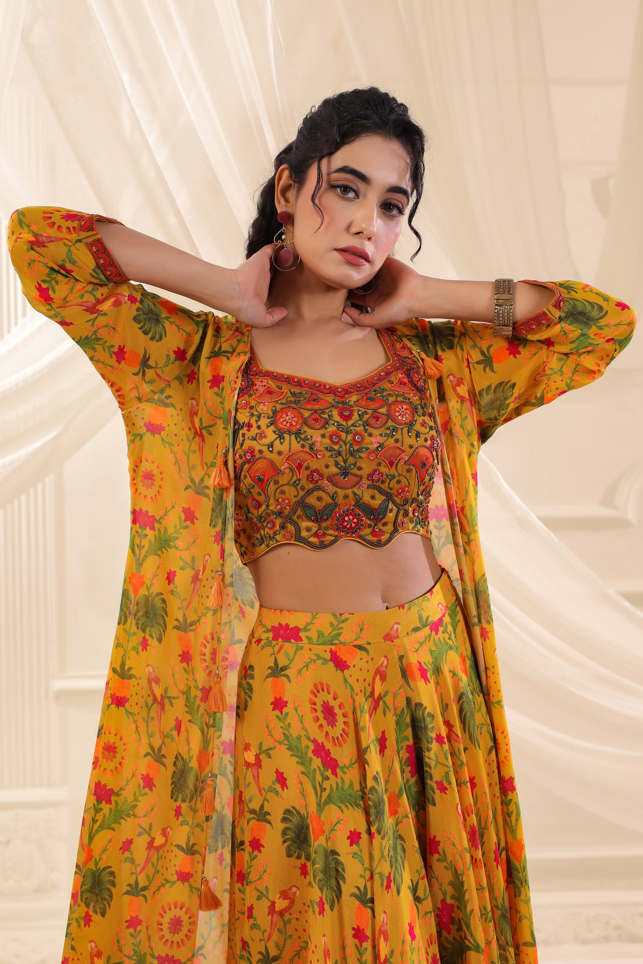 Saffron Meadow Embellished Chinon Silk Cape Set