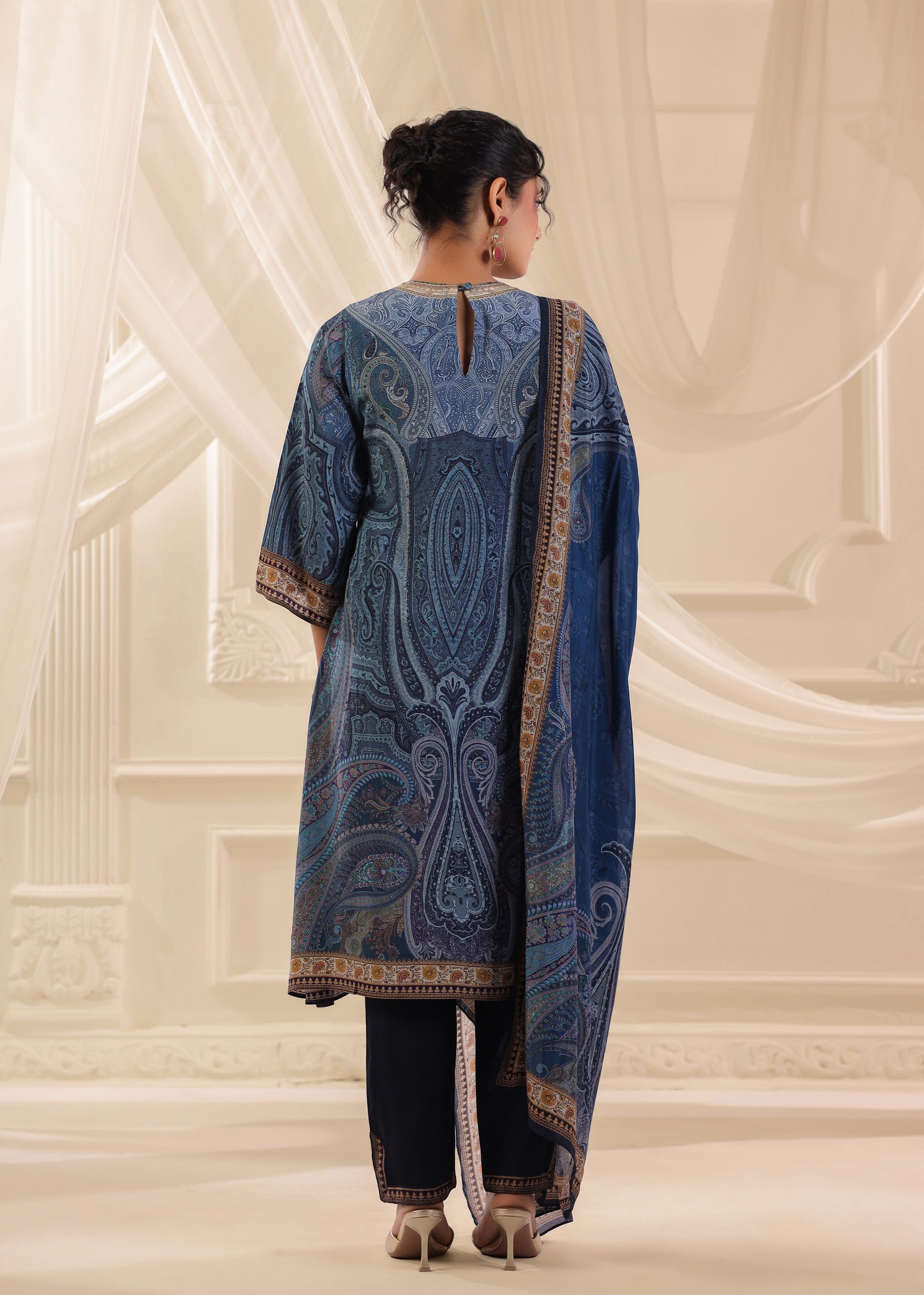 Cornflower Blue Printed Crepe Silk Pant Set