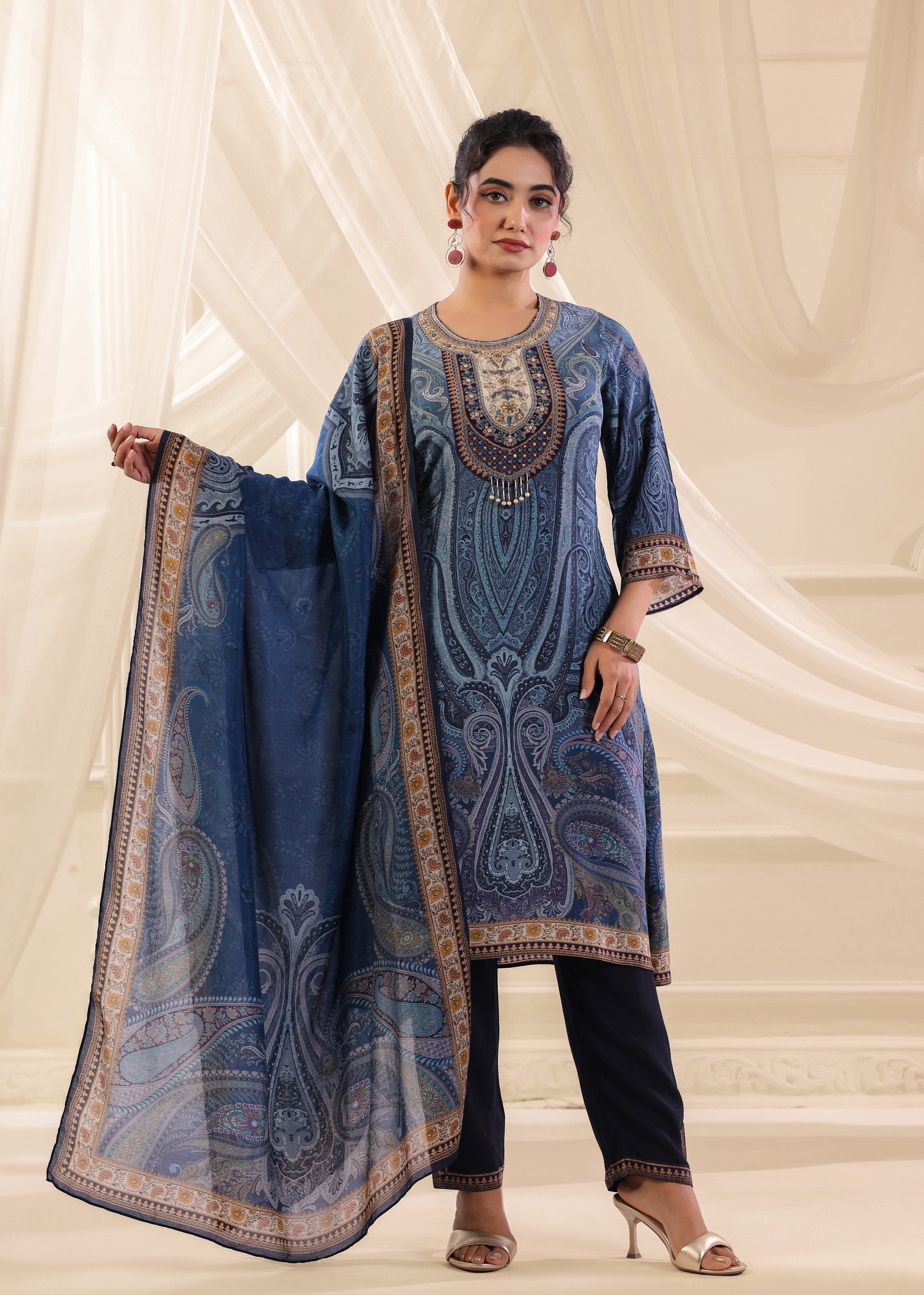 Cornflower Blue Printed Crepe Silk Pant Set