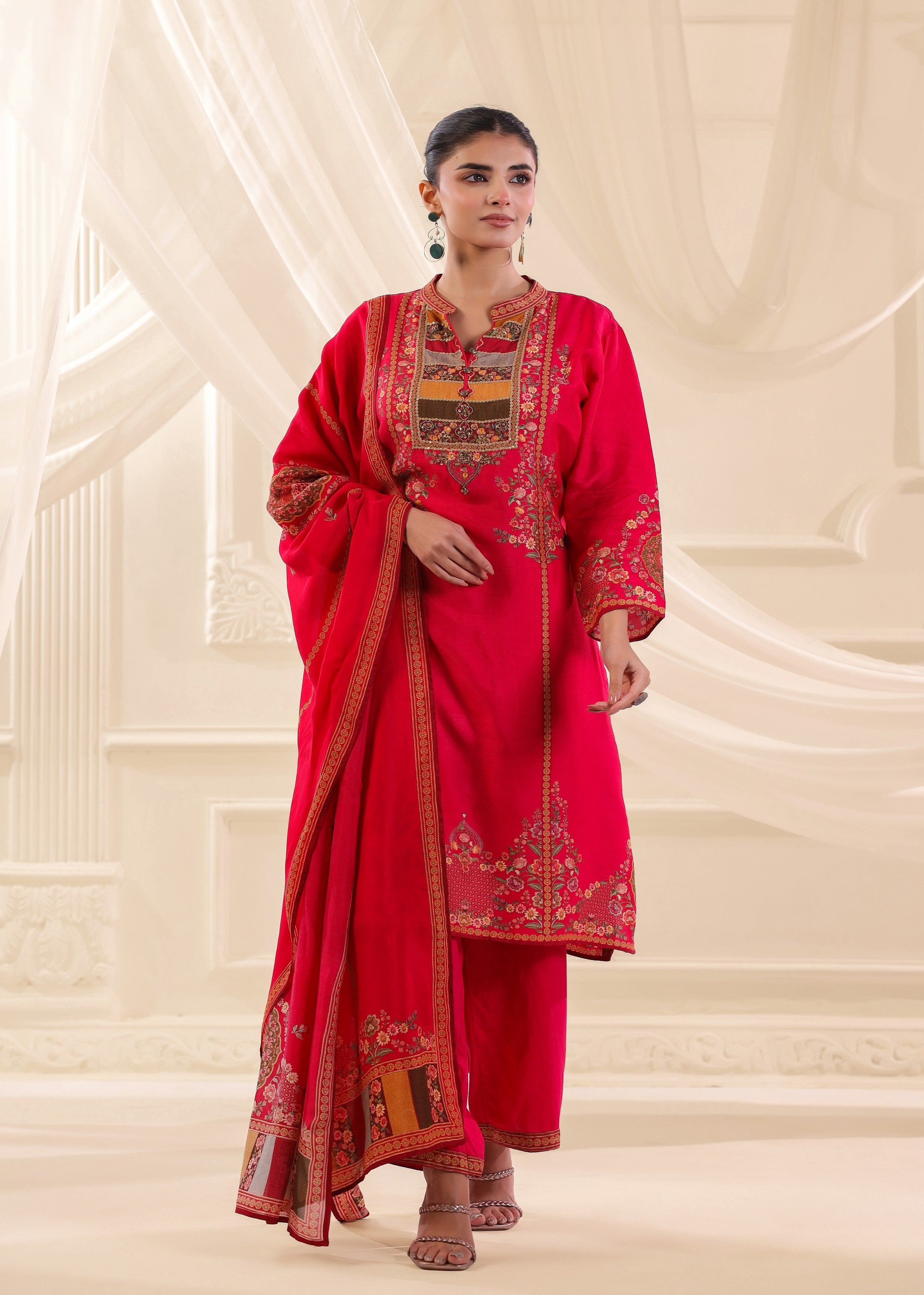 Fuchsia Pink Embellished Premium Silk Pant Set