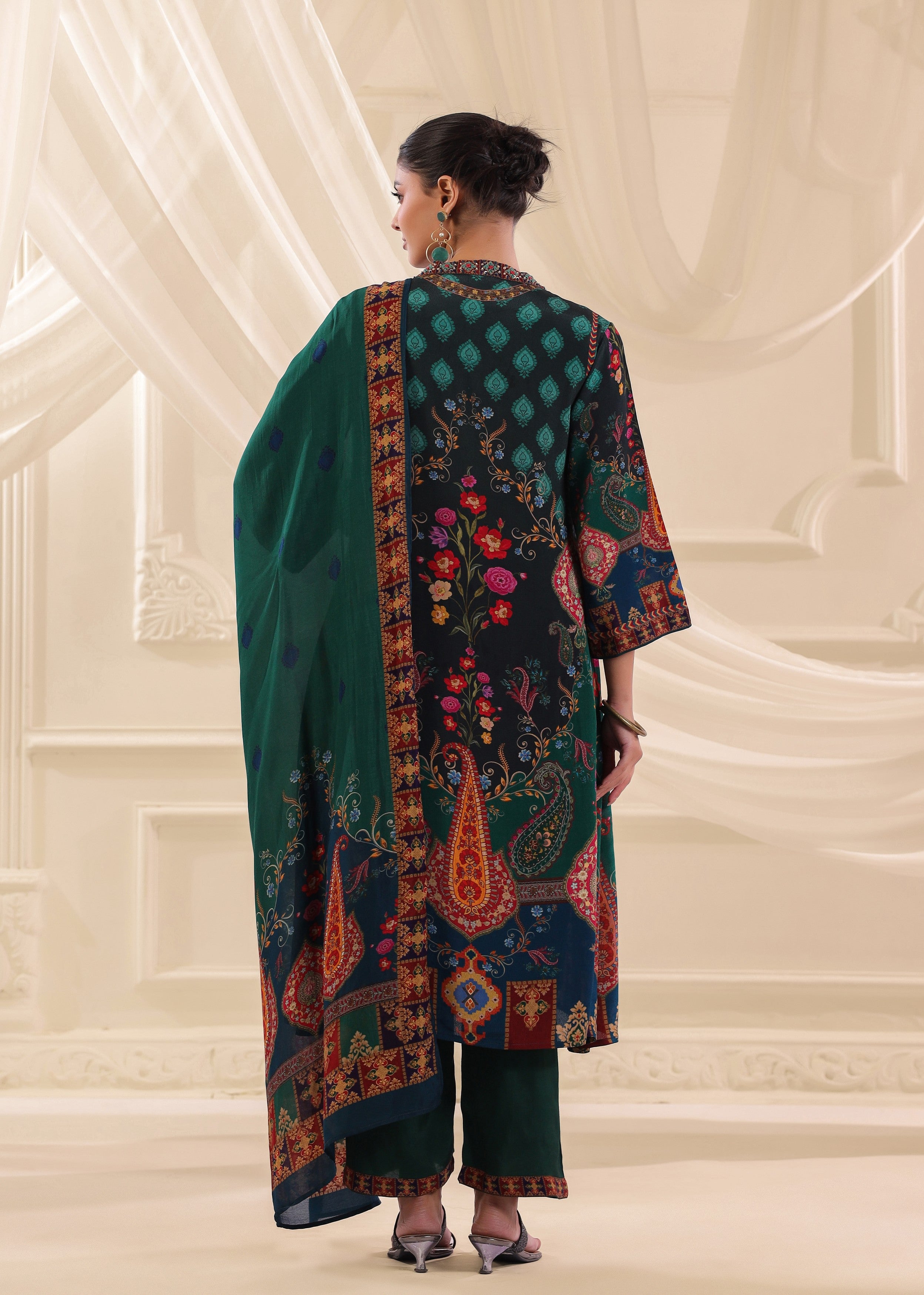 Bottle Green Printed Crepe Silk Pant Set