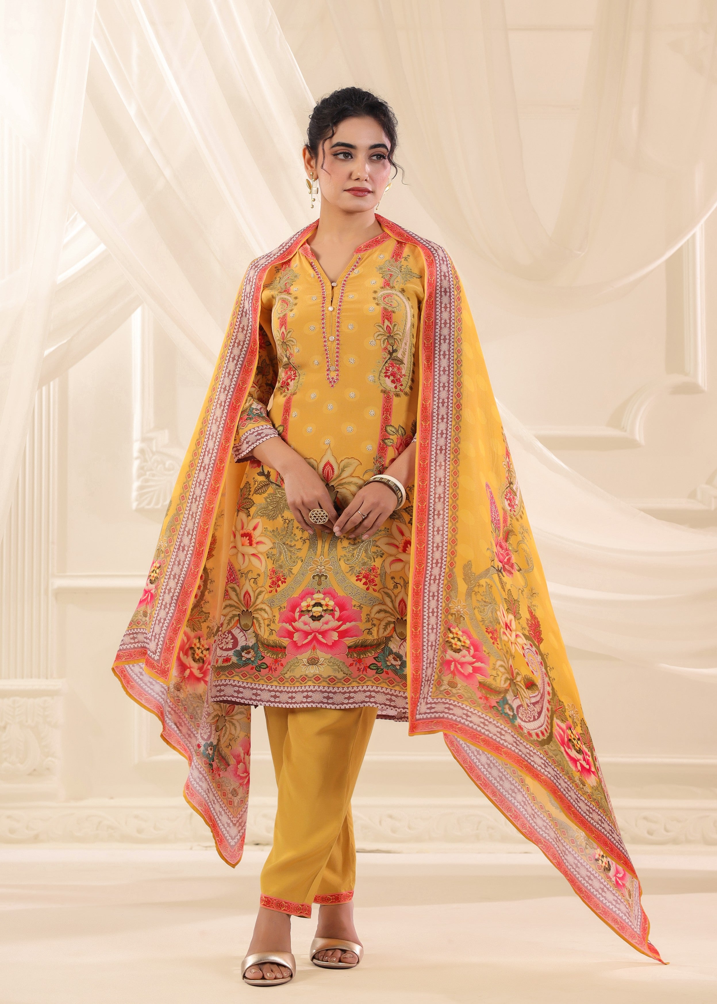 Golden Yellow Printed Crepe Silk Pant Set
