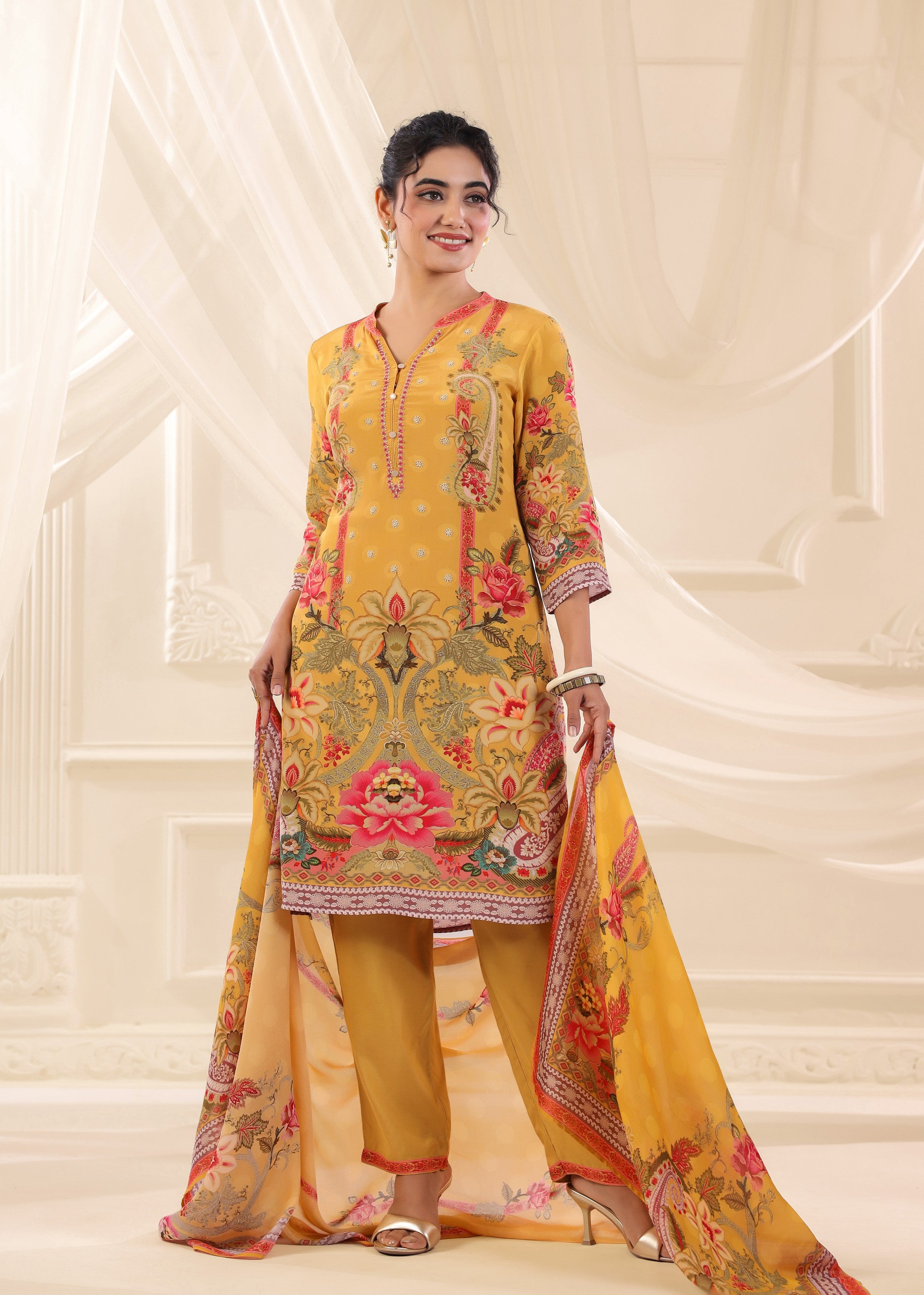 Golden Yellow Printed Crepe Silk Pant Set