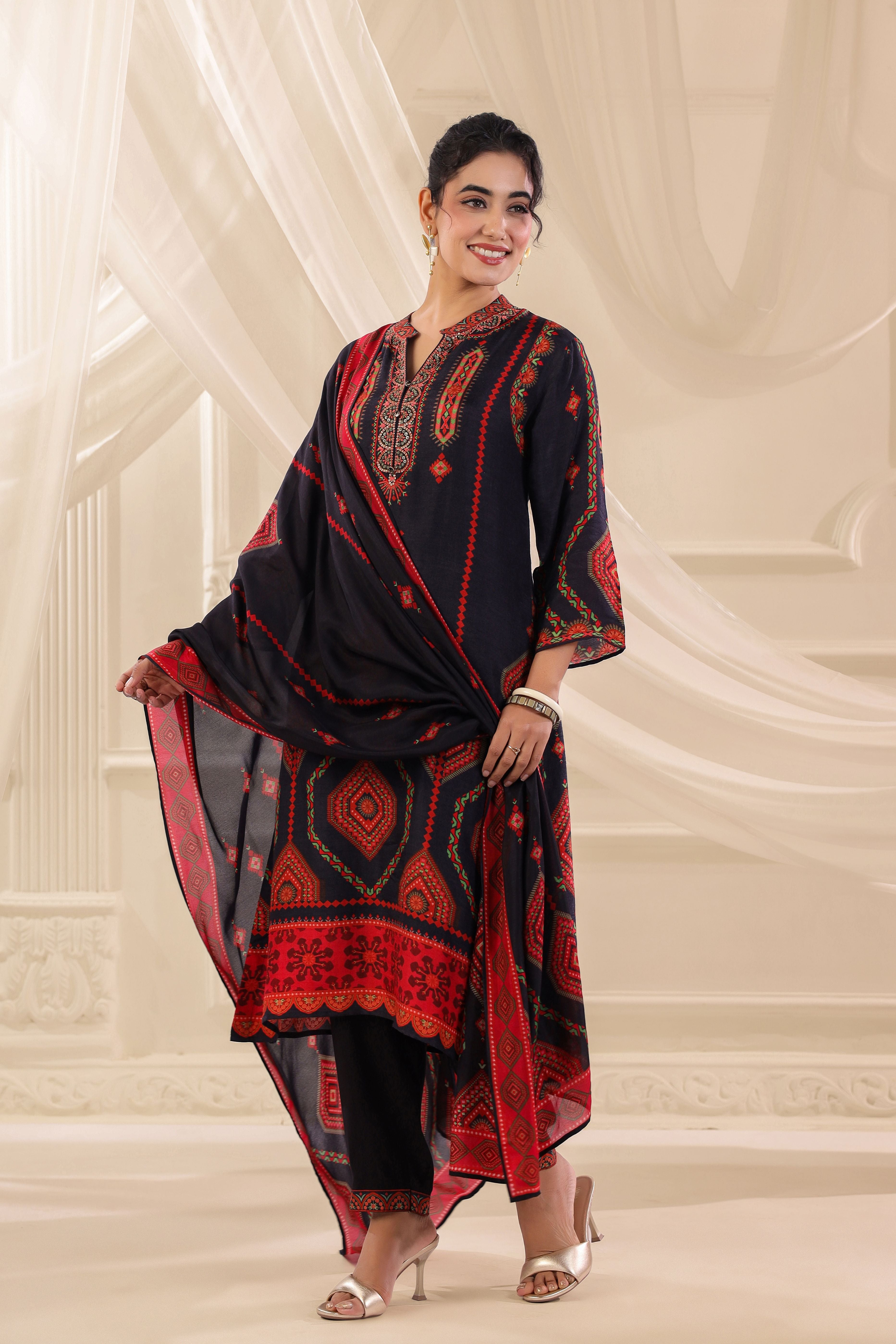 Ink Blue Printed Dola Silk Pant Set