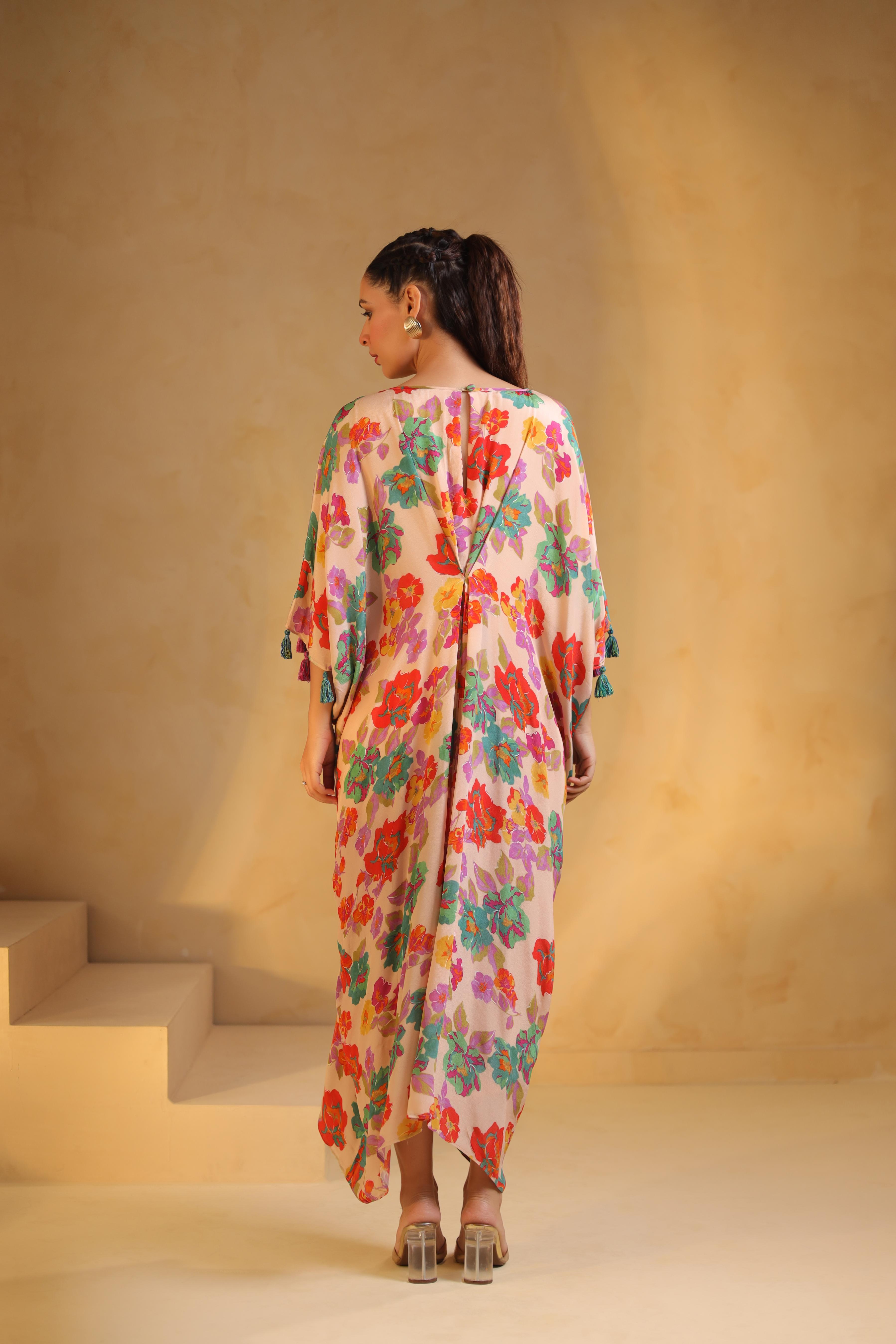 Pale Peach Printed Viscose Crepe Dress