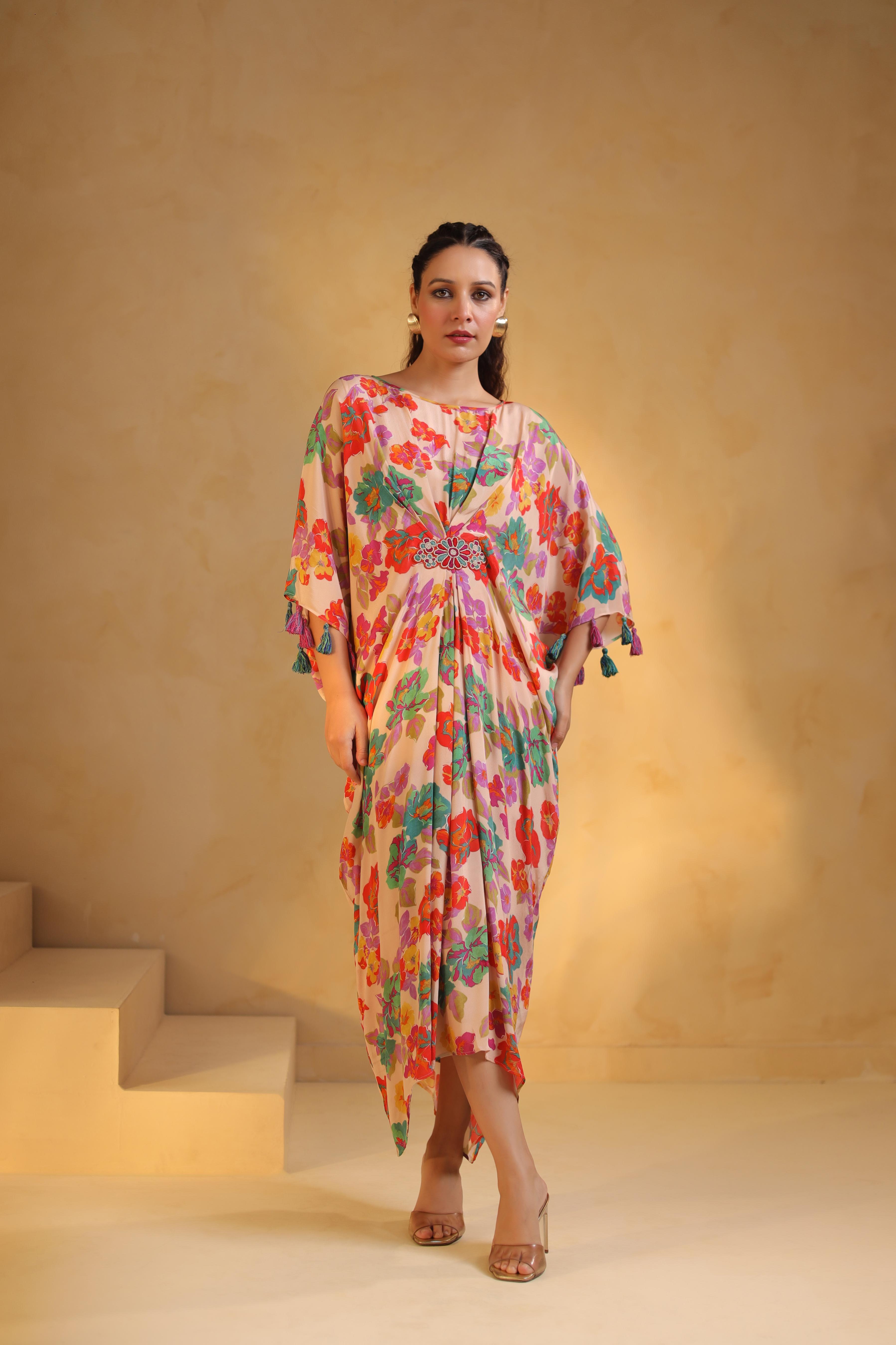 Pale Peach Printed Viscose Crepe Dress
