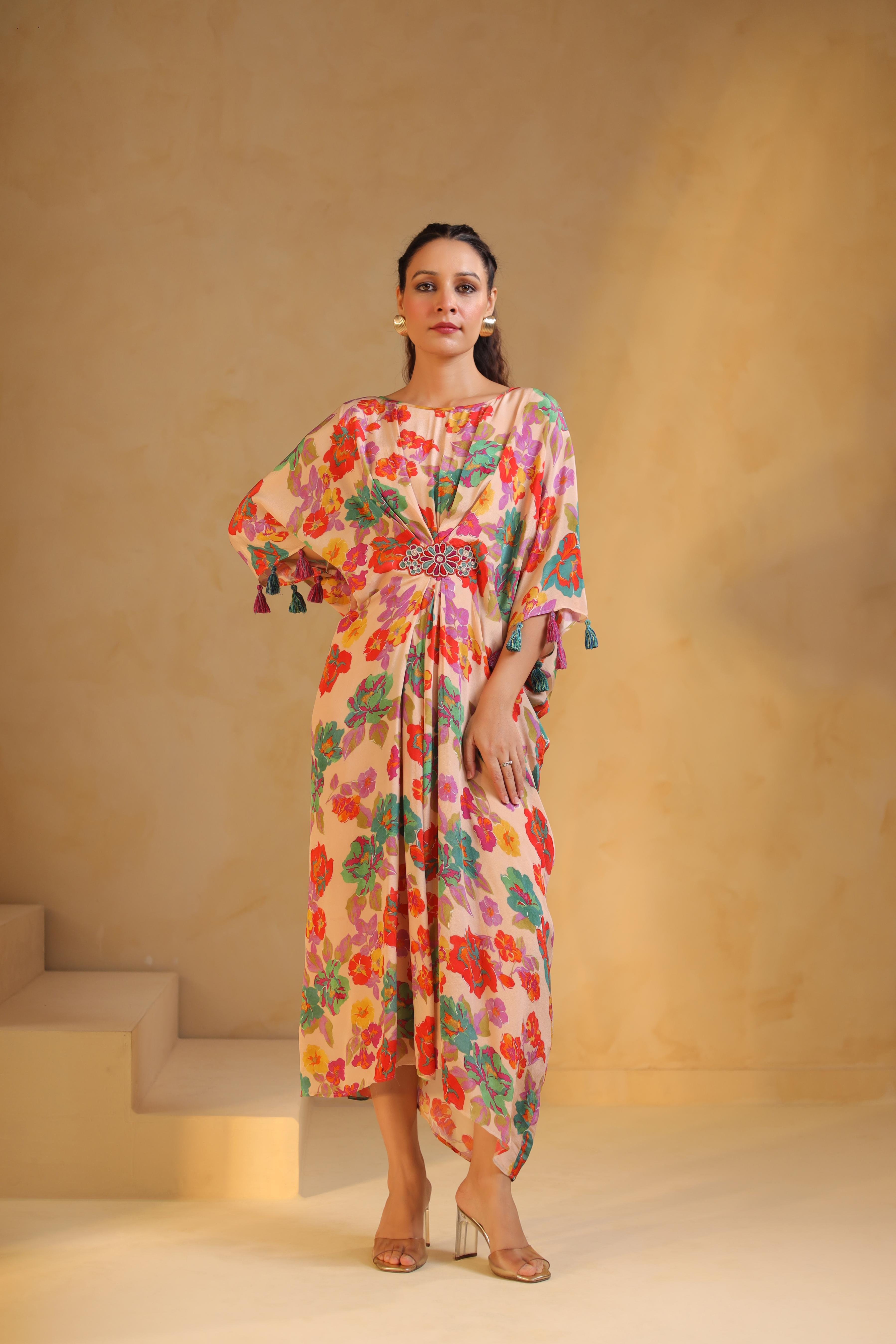 Pale Peach Printed Viscose Crepe Dress