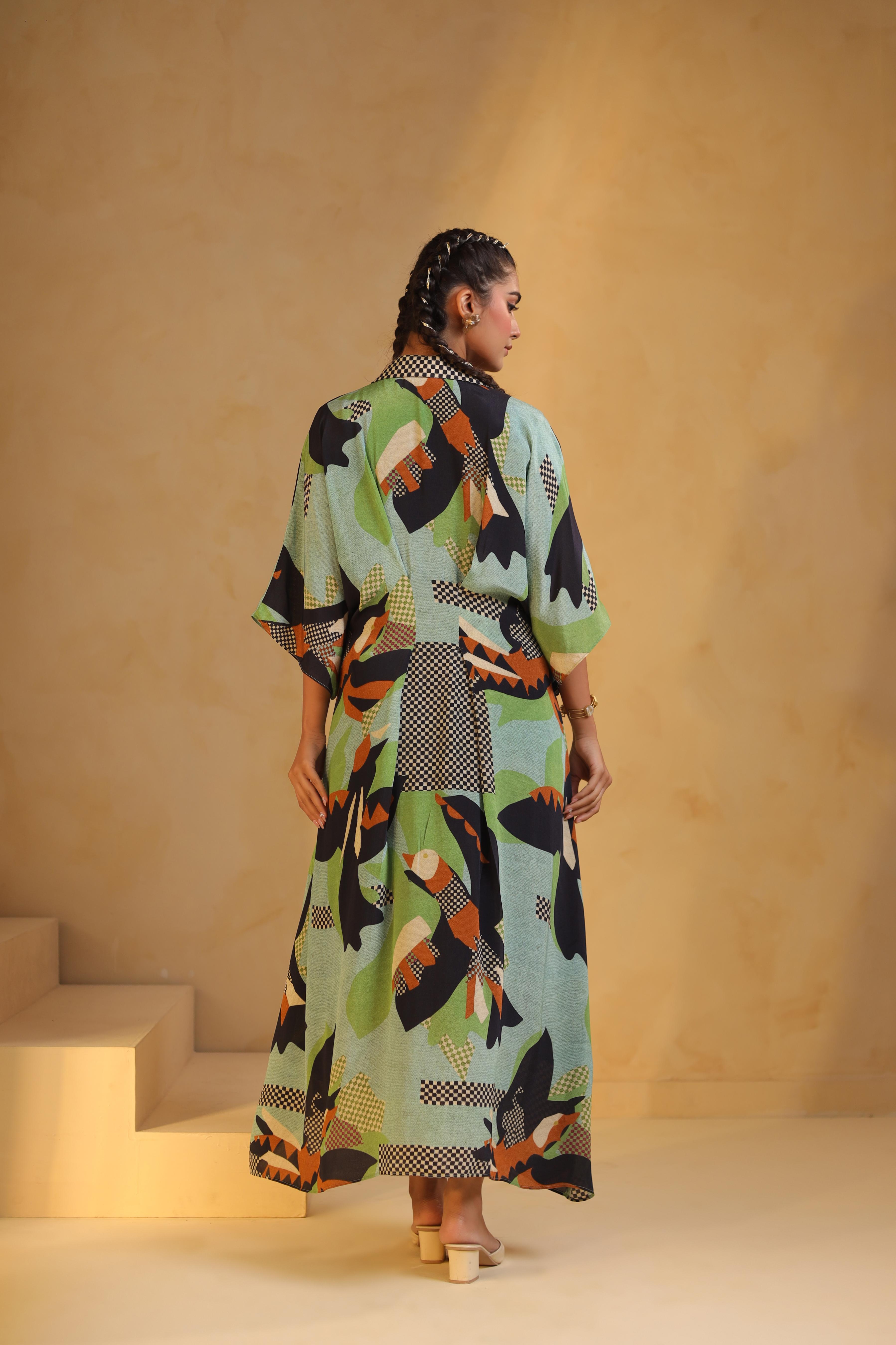 Light Aqua Green Printed Viscose Crepe Dress