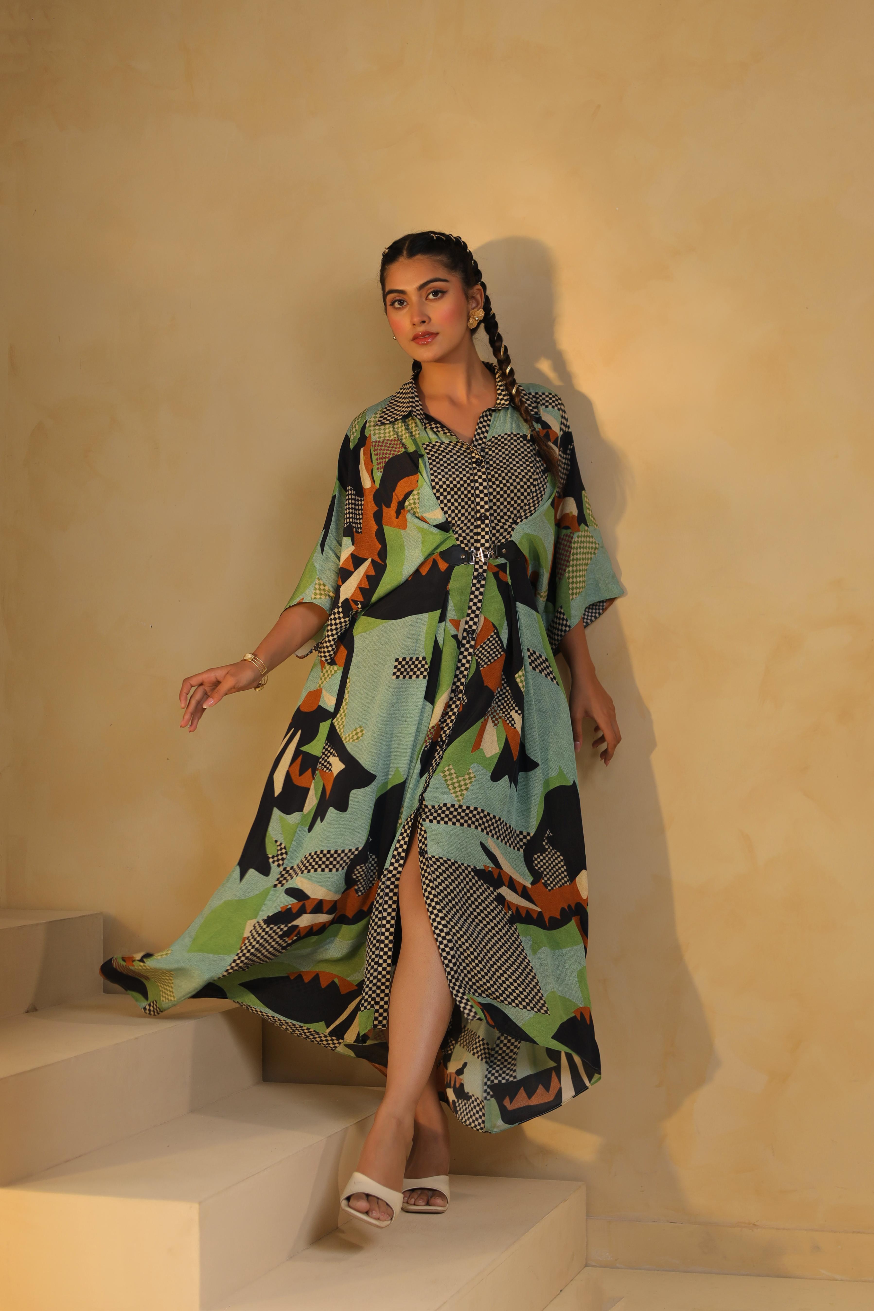 Light Aqua Green Printed Viscose Crepe Dress