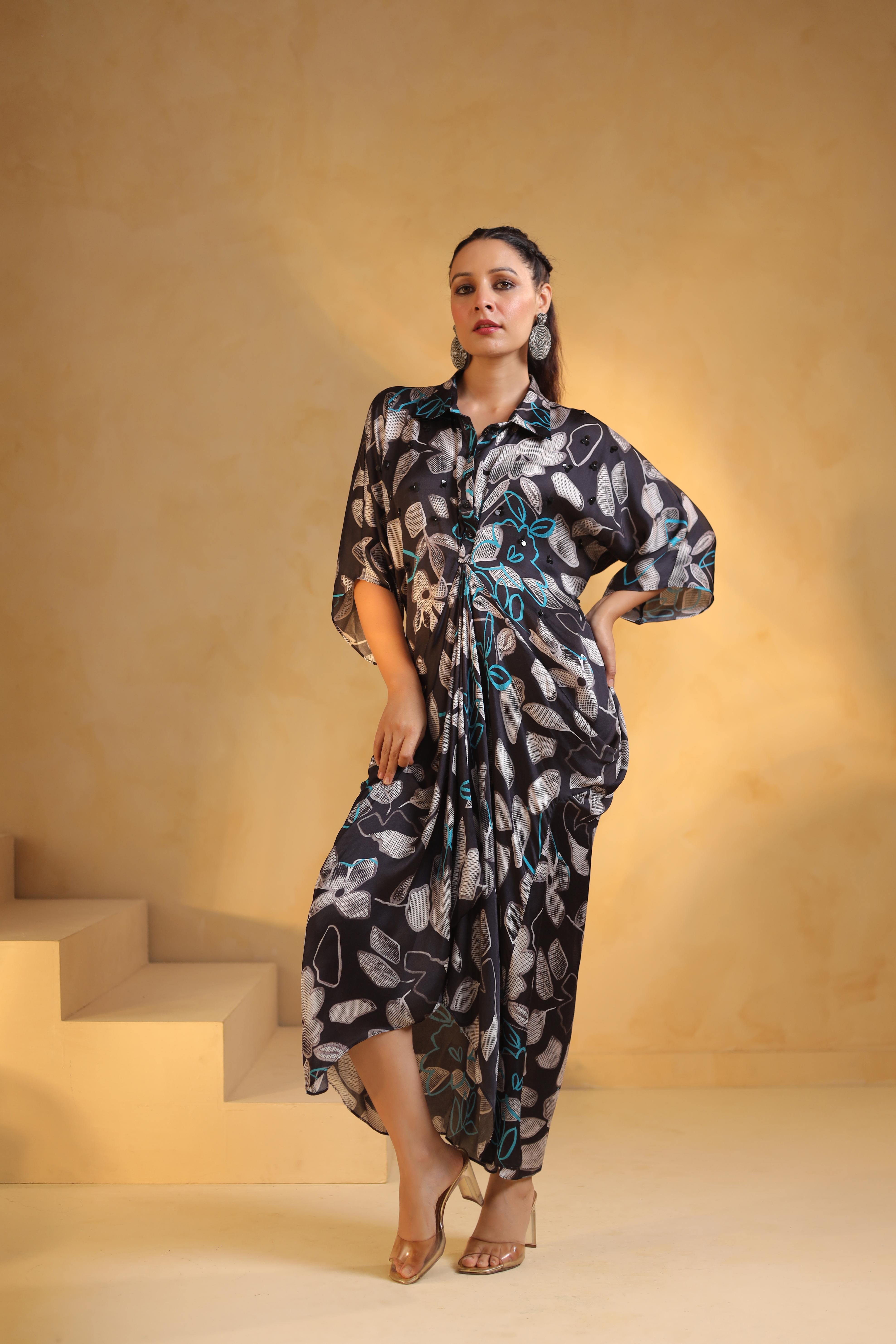 Dark Grey Printed Satin Dress