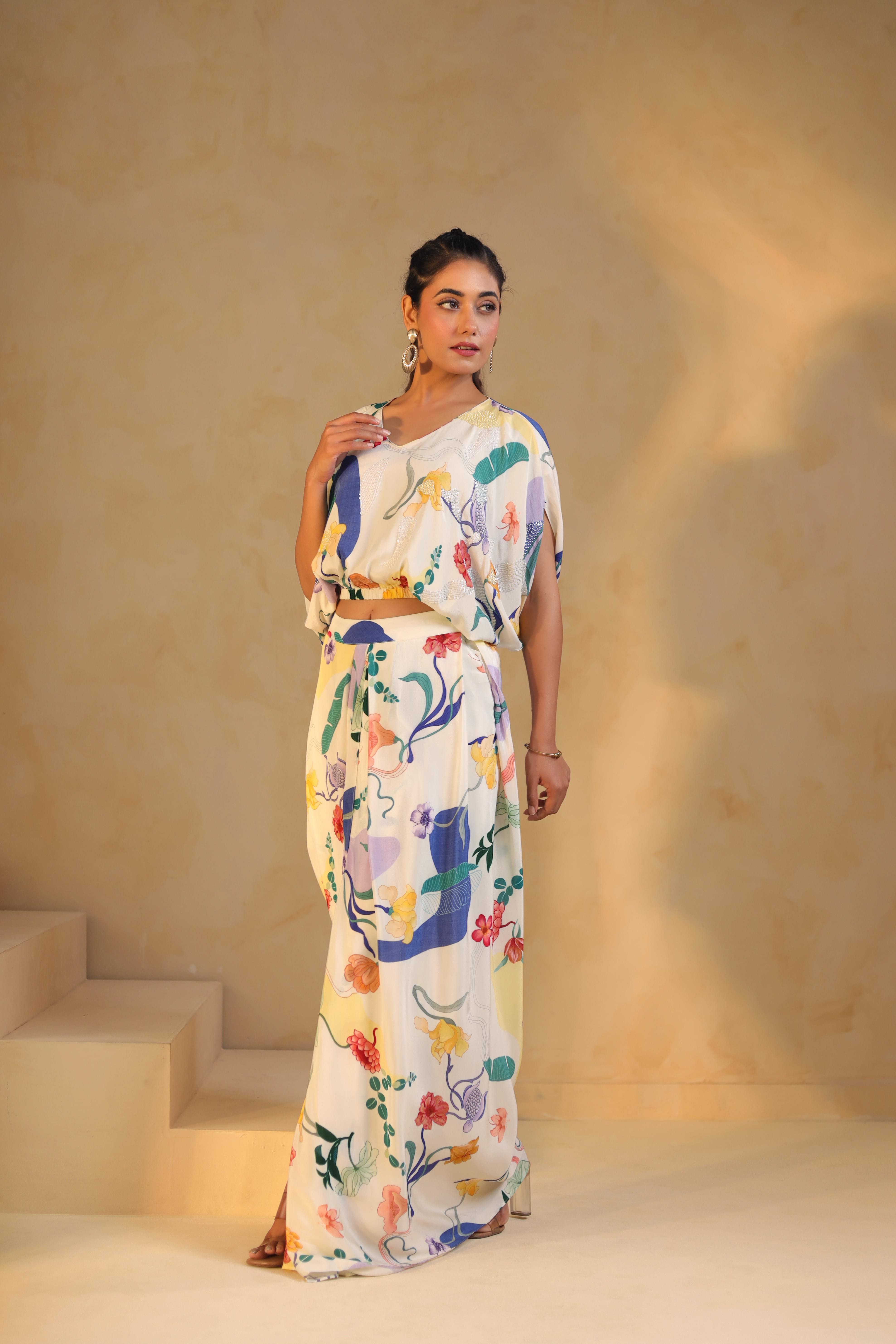 Off-White Abstract Print Viscose Crepe Co-Ord Set