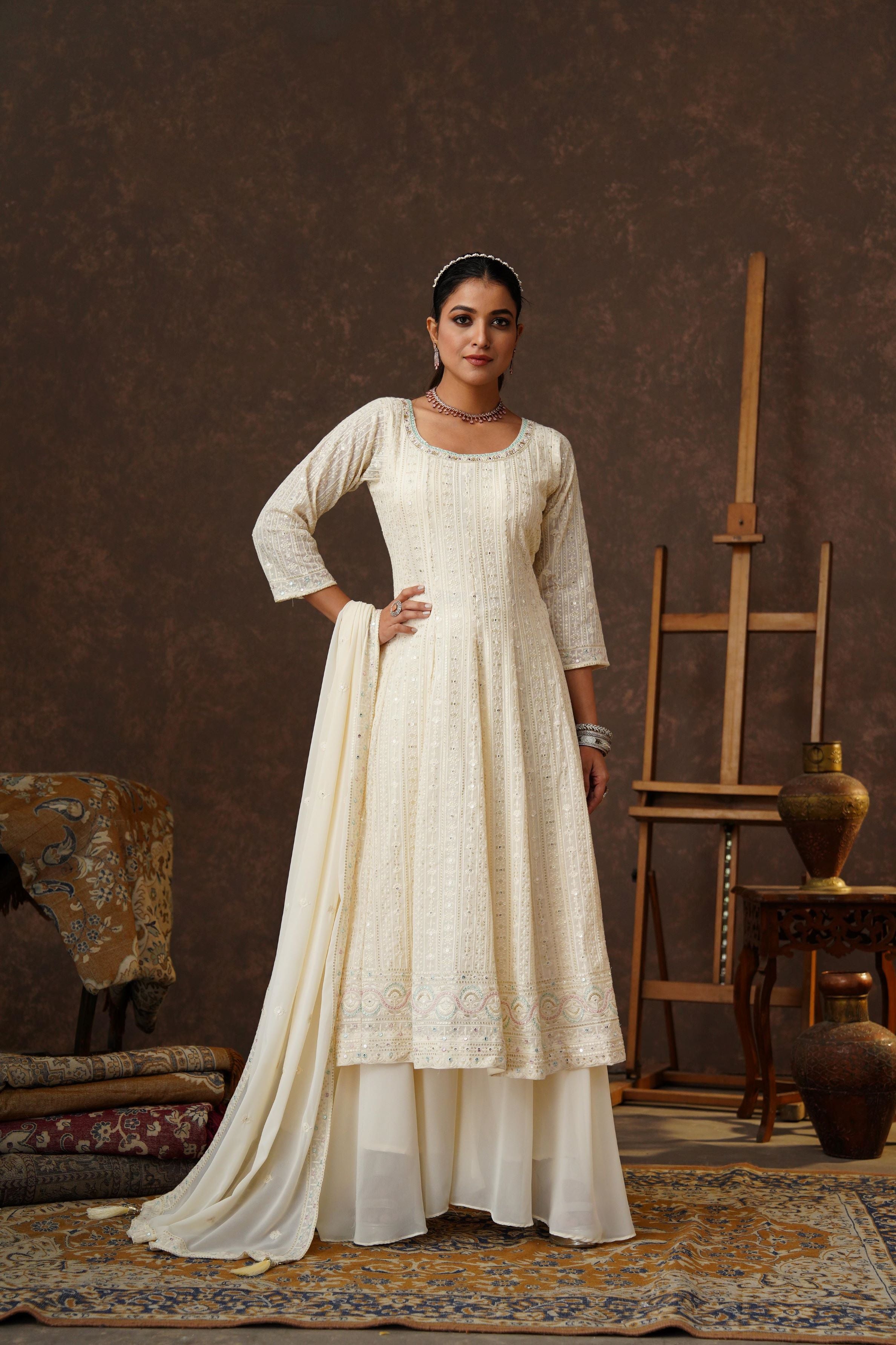 White Embroidered Georgette Silk Anarkali Set