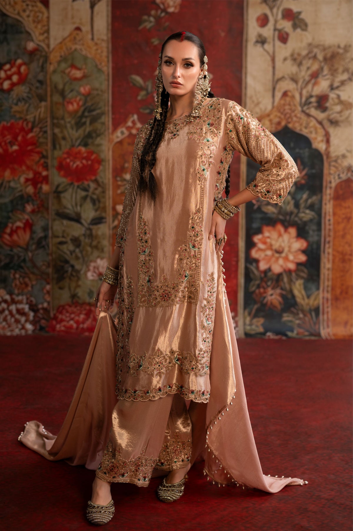 Peach Embellished Tissue Banarasi Silk Pant Set