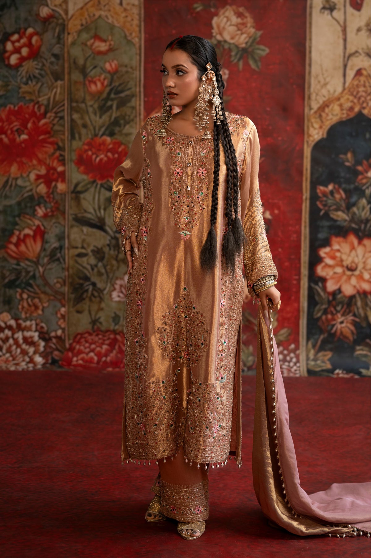 Rose Gold Embellished Tissue Banarasi Silk Pant Set
