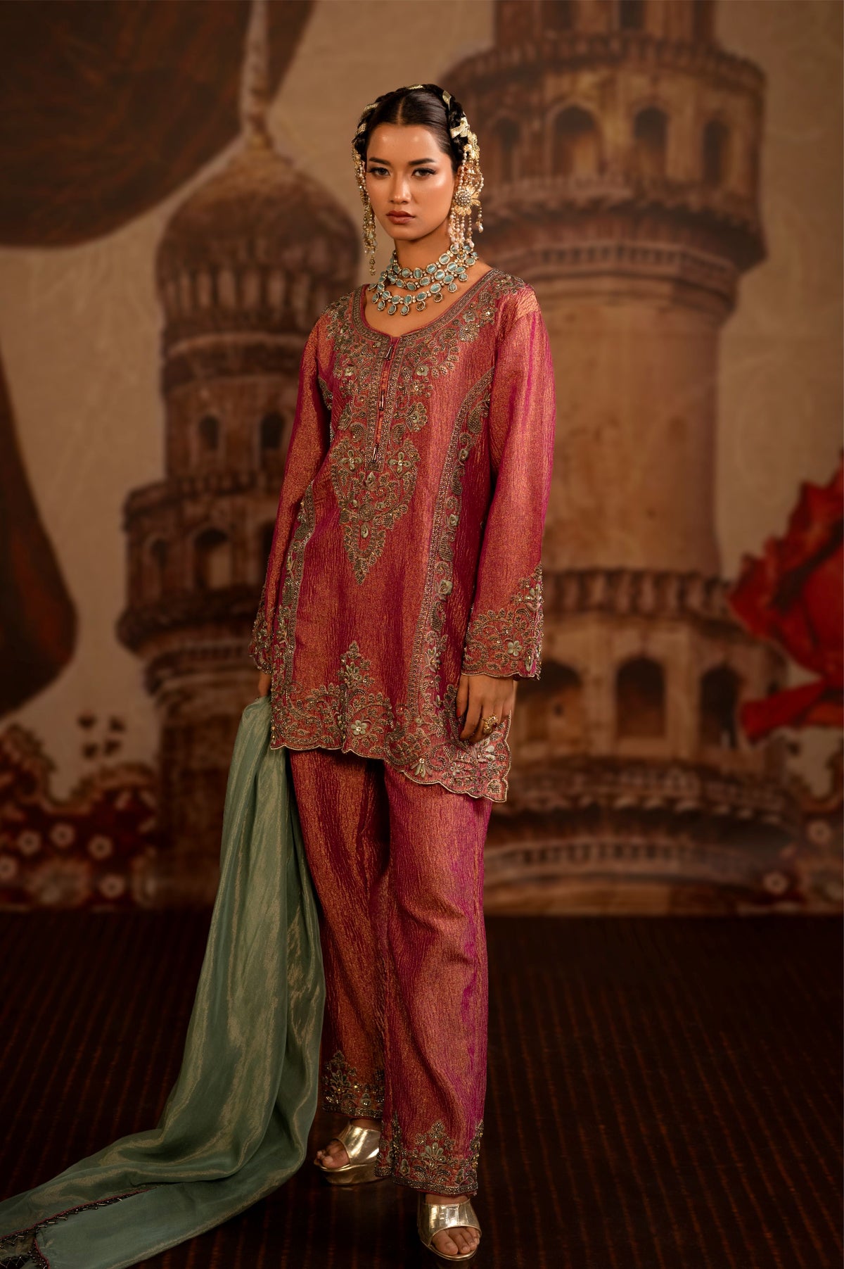 Deep Pink Embellished Tissue Silk Pant Set