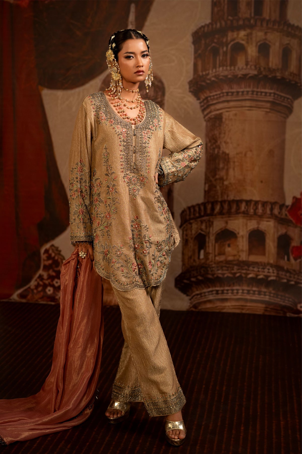 Sand Beige Embellished Tissue Silk Pant Set
