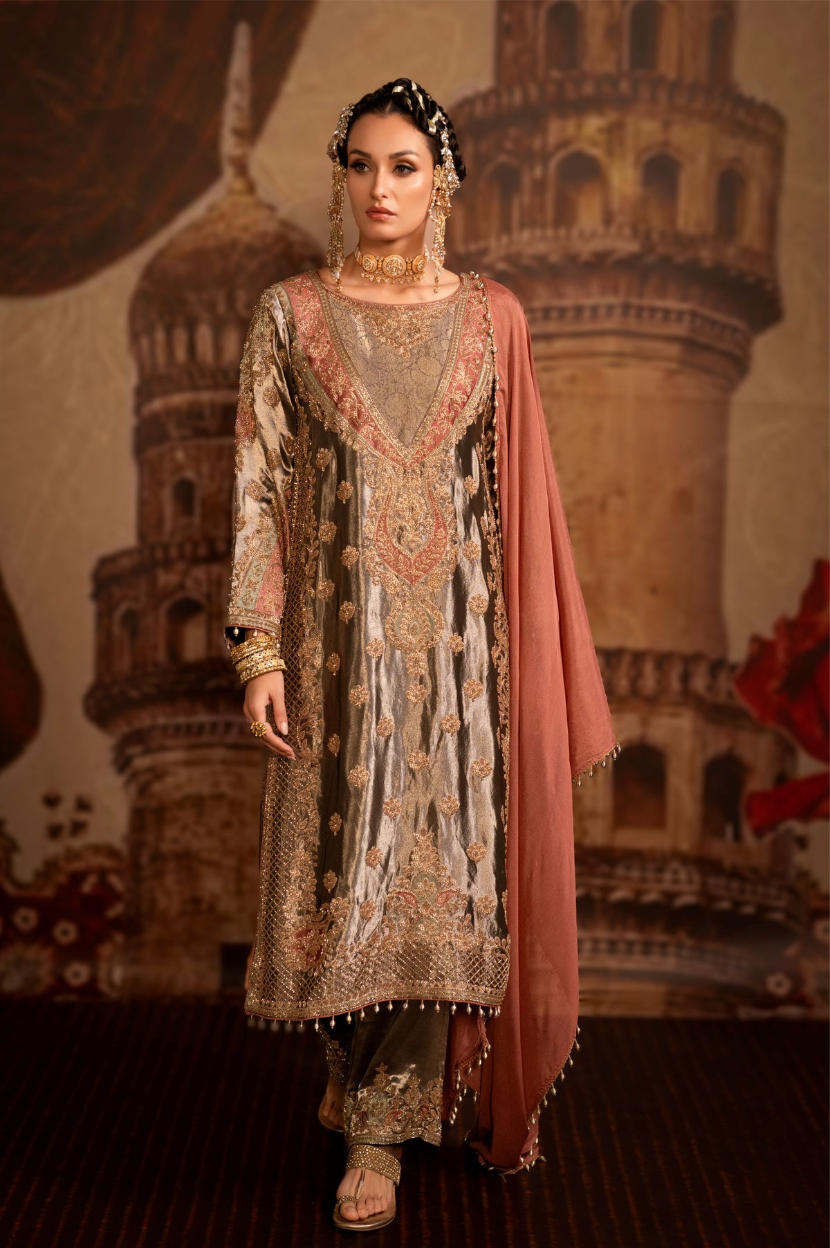 Metallic Brown Embellished Tissue Banarasi Silk Pant Set