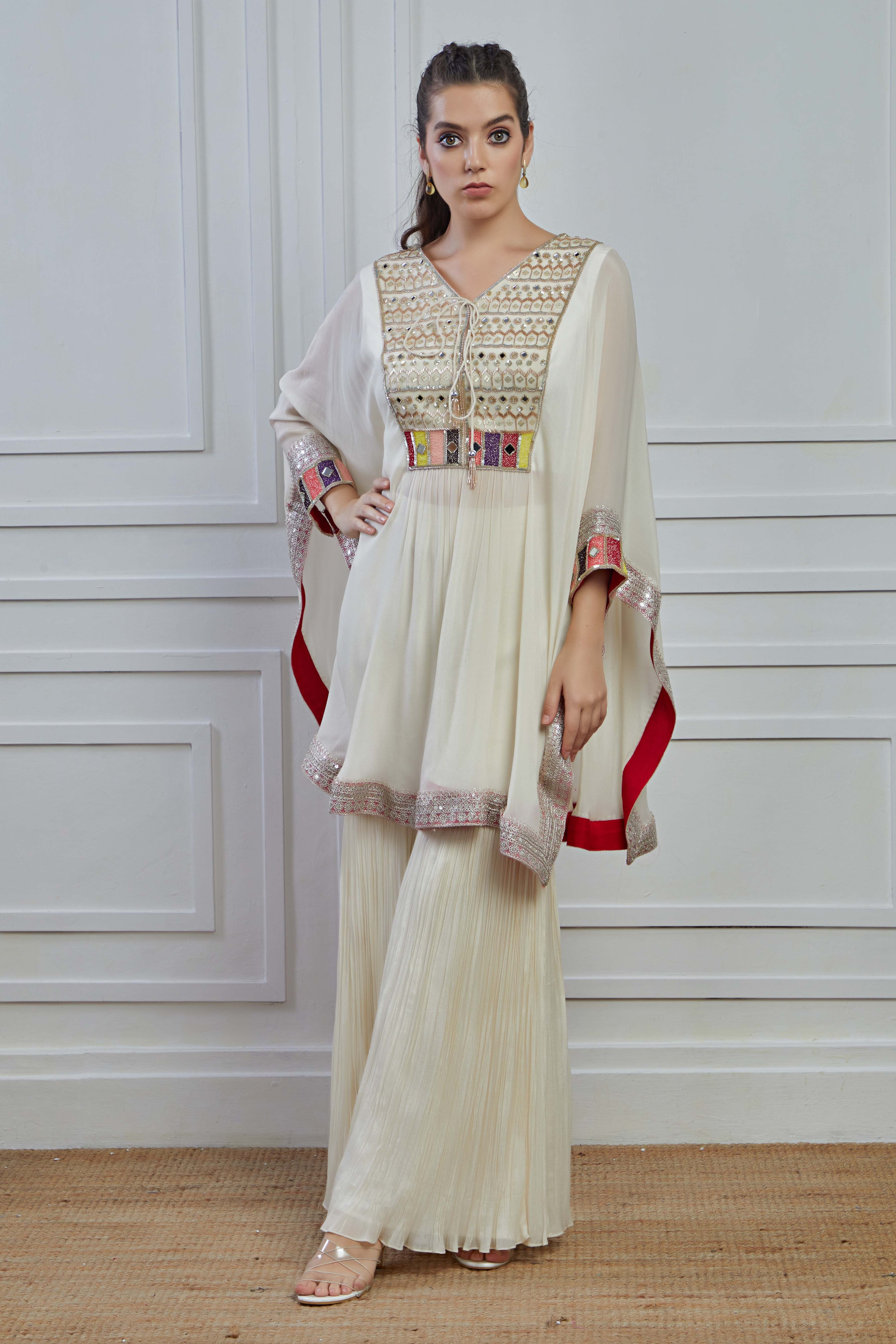 Off White Embroidered Crepe Silk Kaftan Sharara Set