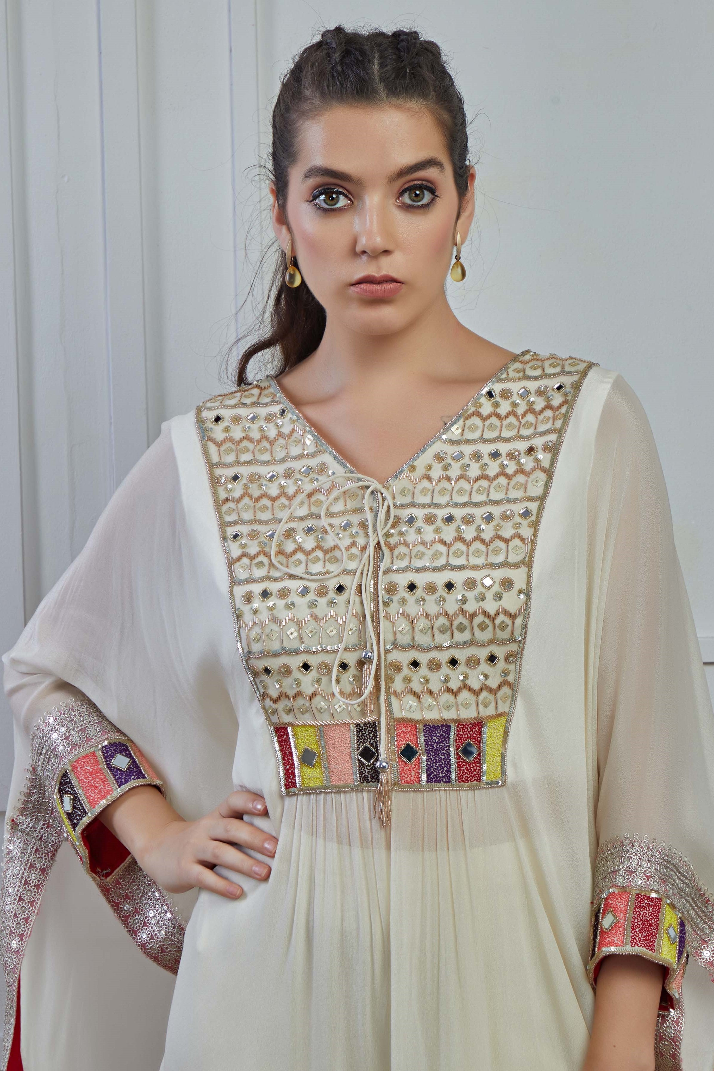 Off White Embroidered Crepe Silk Kaftan Sharara Set