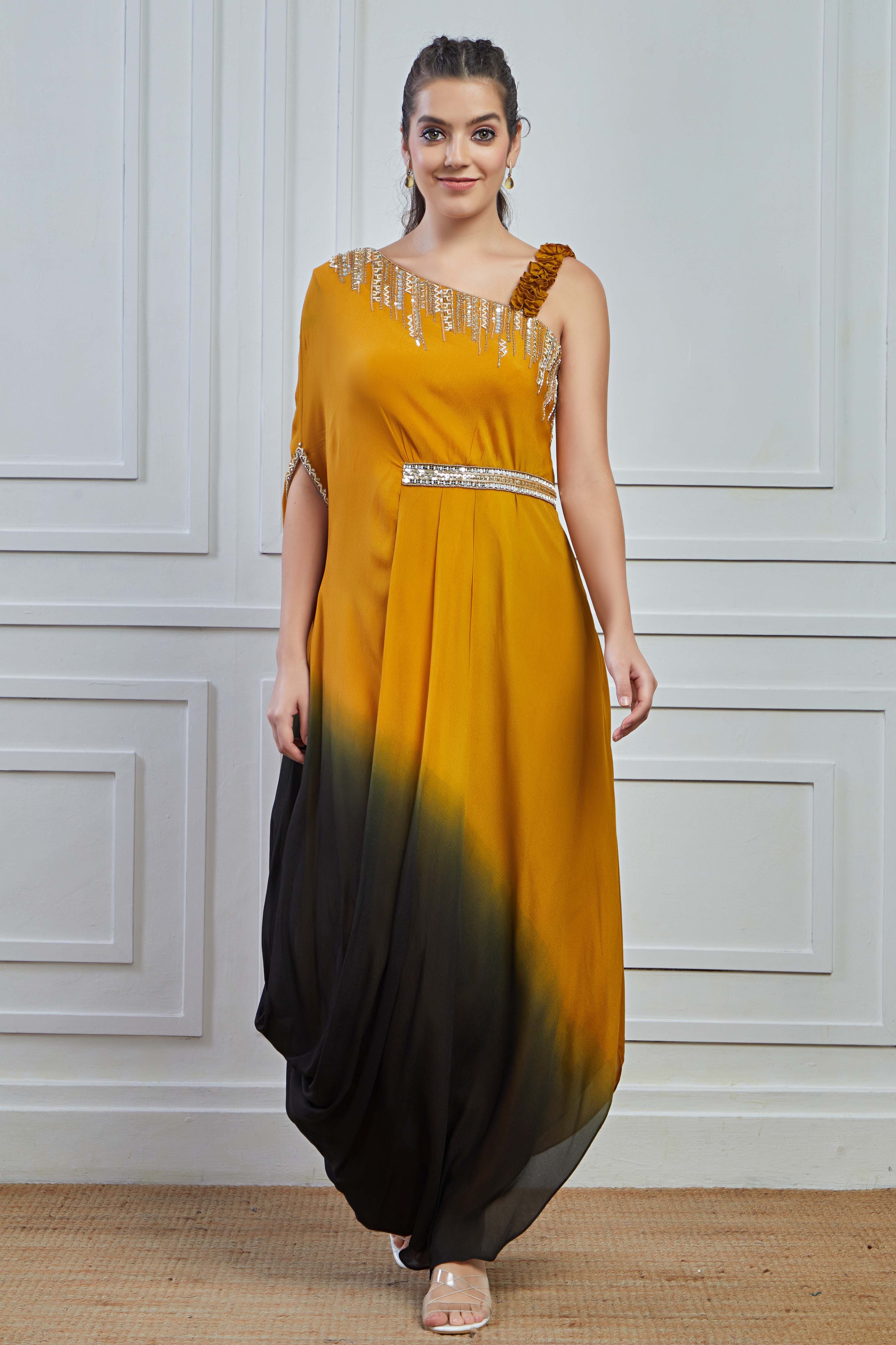 Mustard Yellow Ombre-Dyed Crepe Silk Cowl Dress