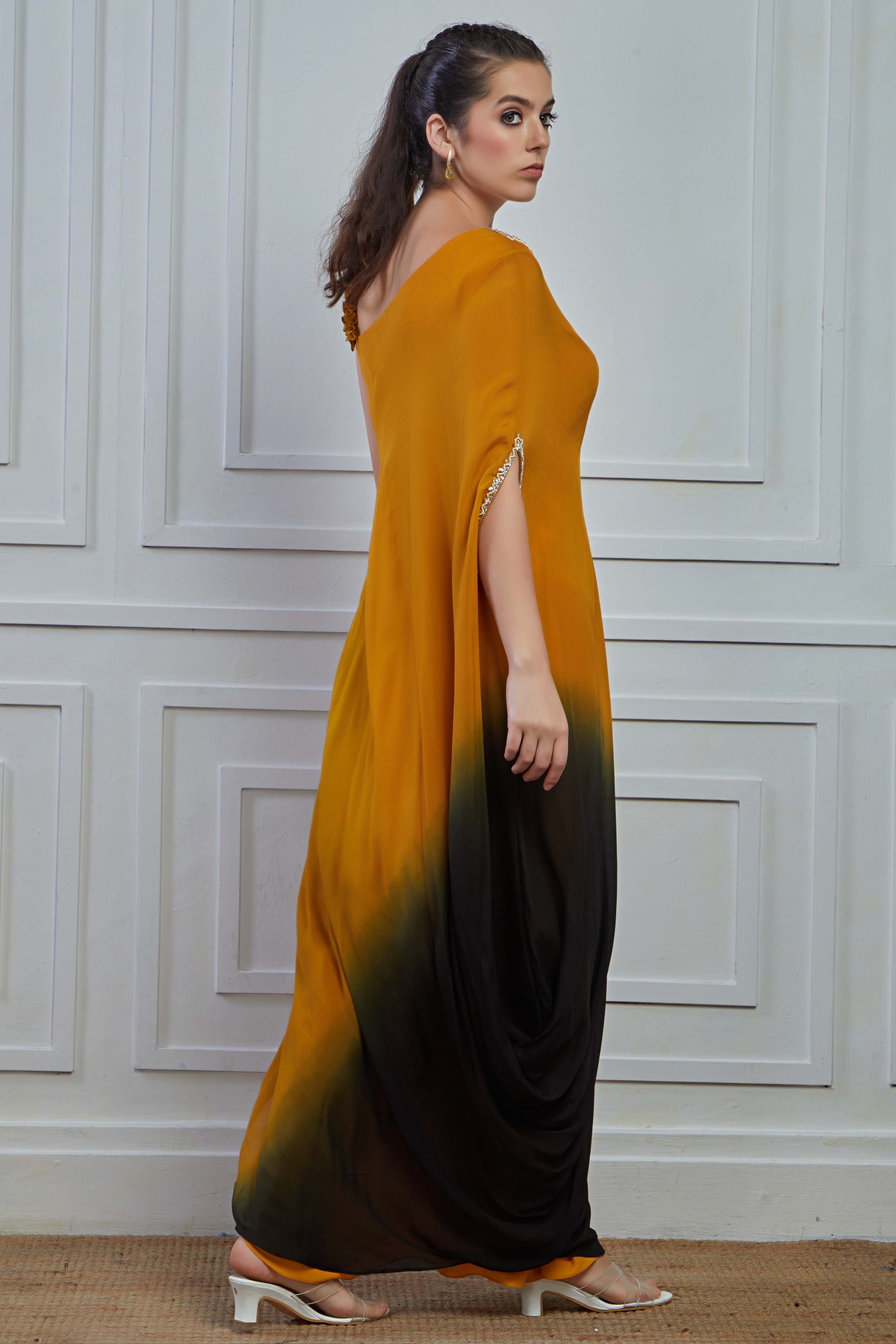 Mustard Yellow Ombre-Dyed Crepe Silk Cowl Dress