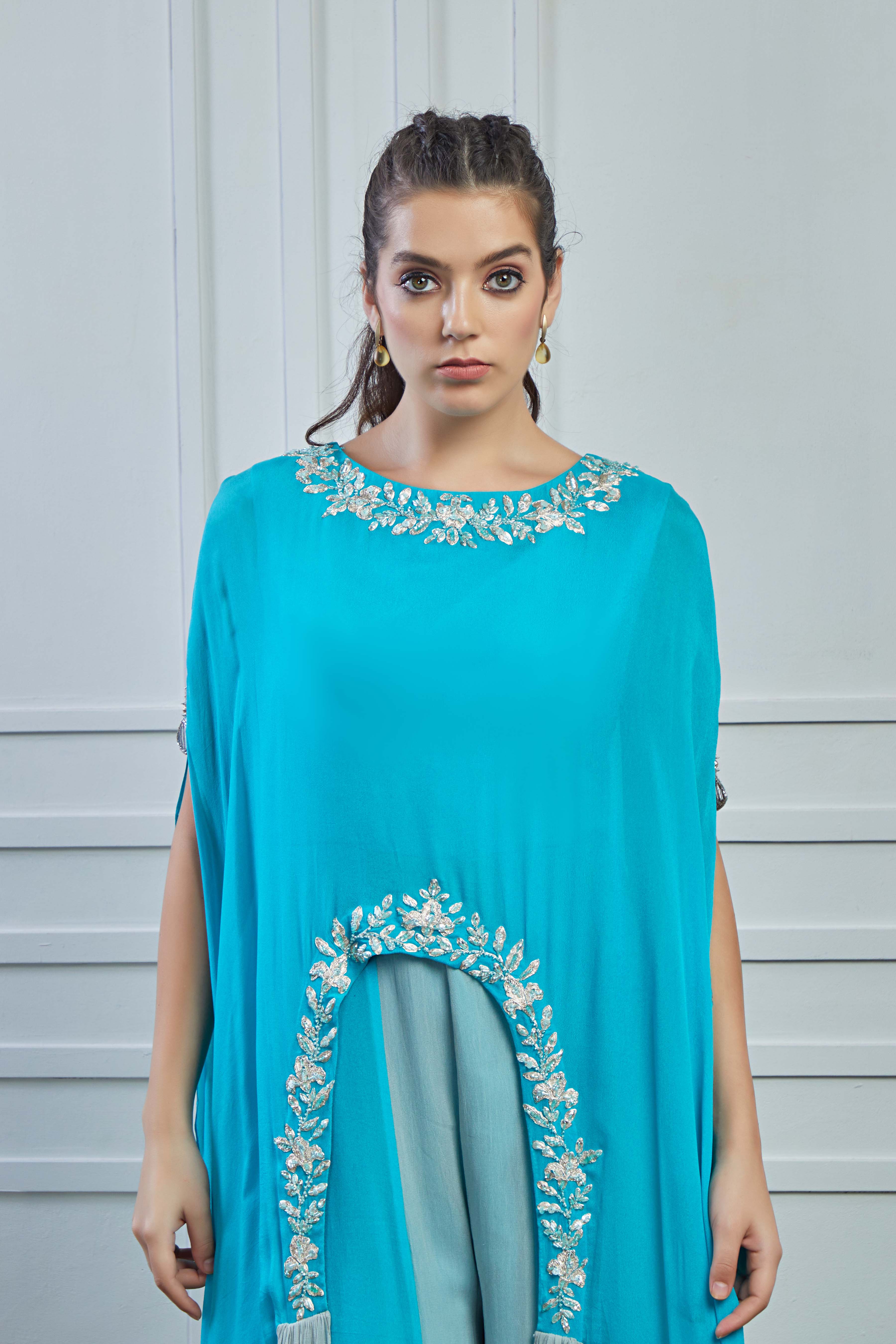 Light Blue Embellished Crepe Silk Kaftan Palazzo Set