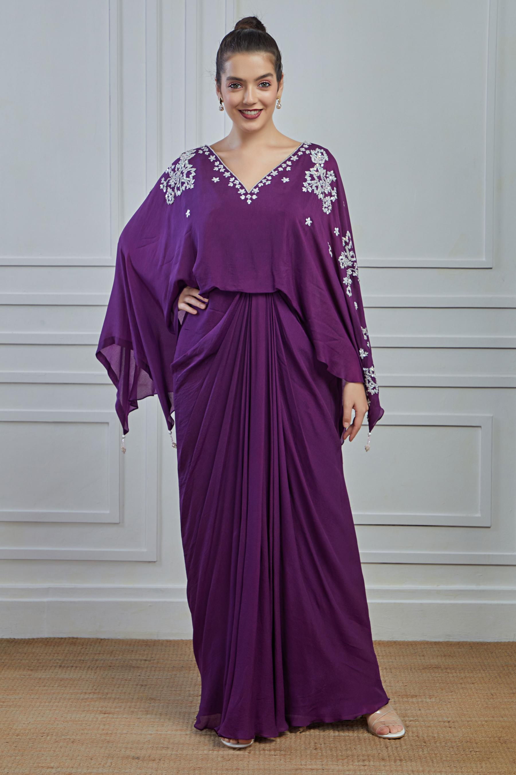 Purple Embellished Crepe Silk Draped Gown