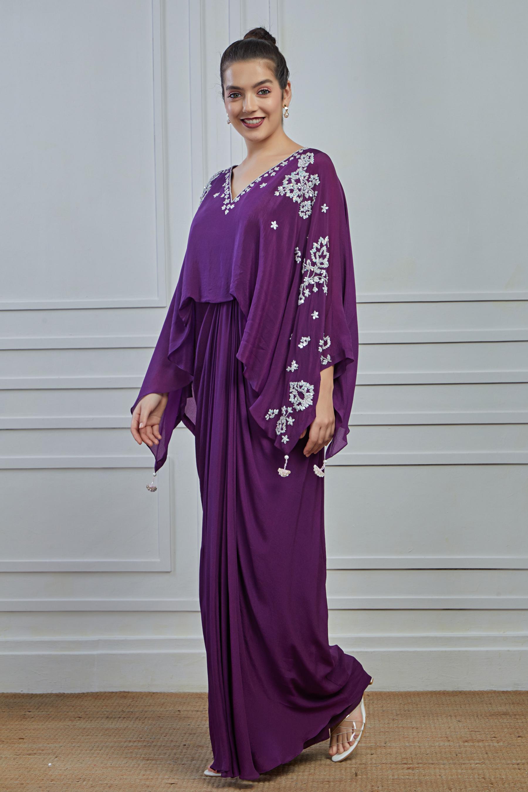 Purple Embellished Crepe Silk Draped Gown