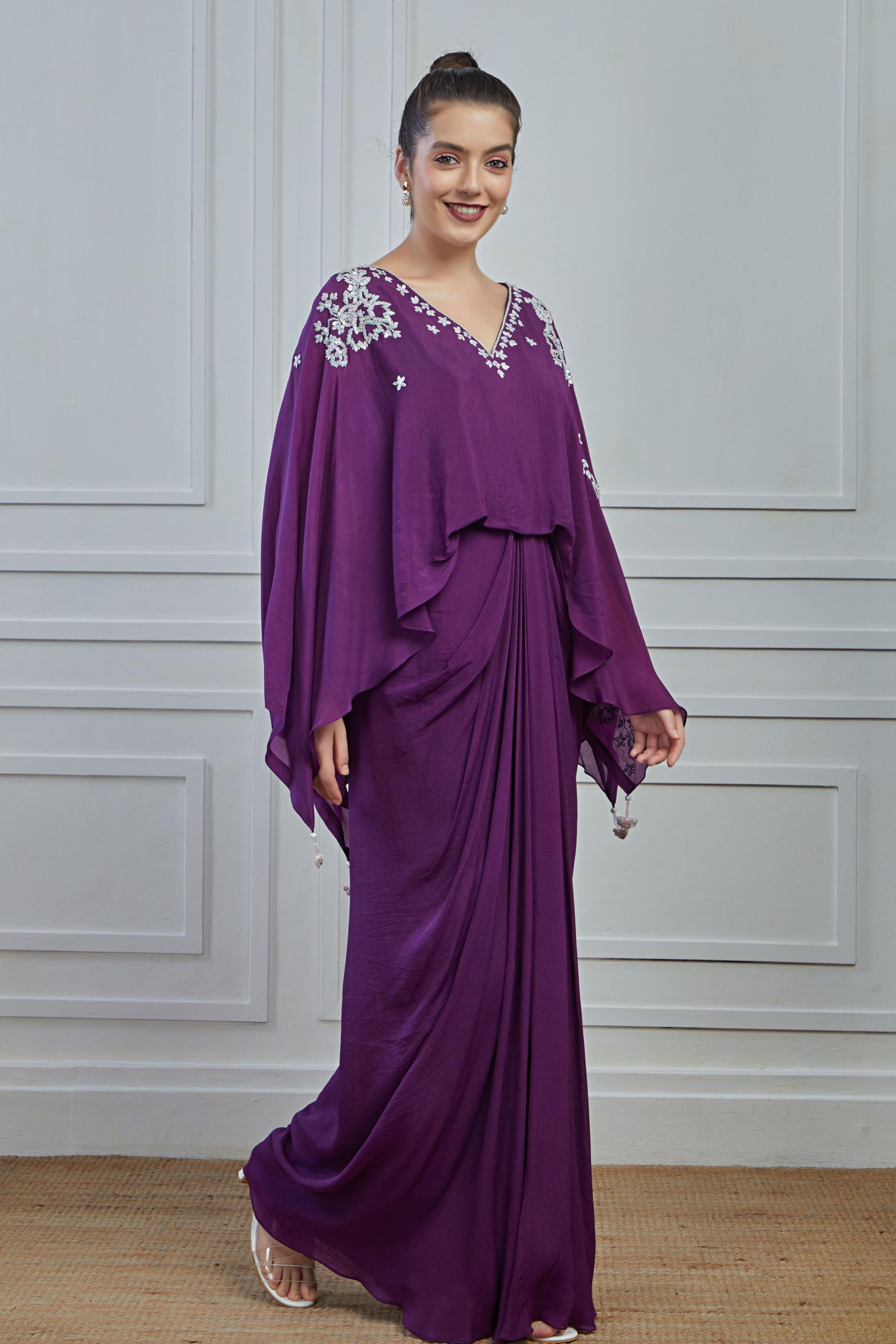 Purple Embellished Crepe Silk Draped Gown