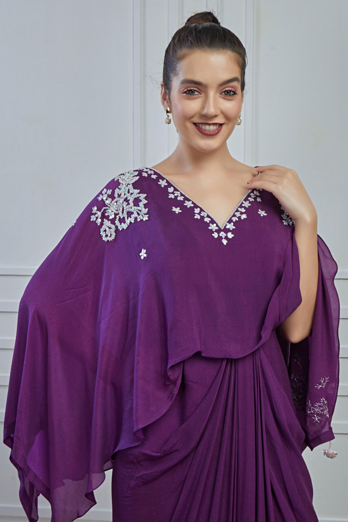 Purple Embellished Crepe Silk Draped Gown