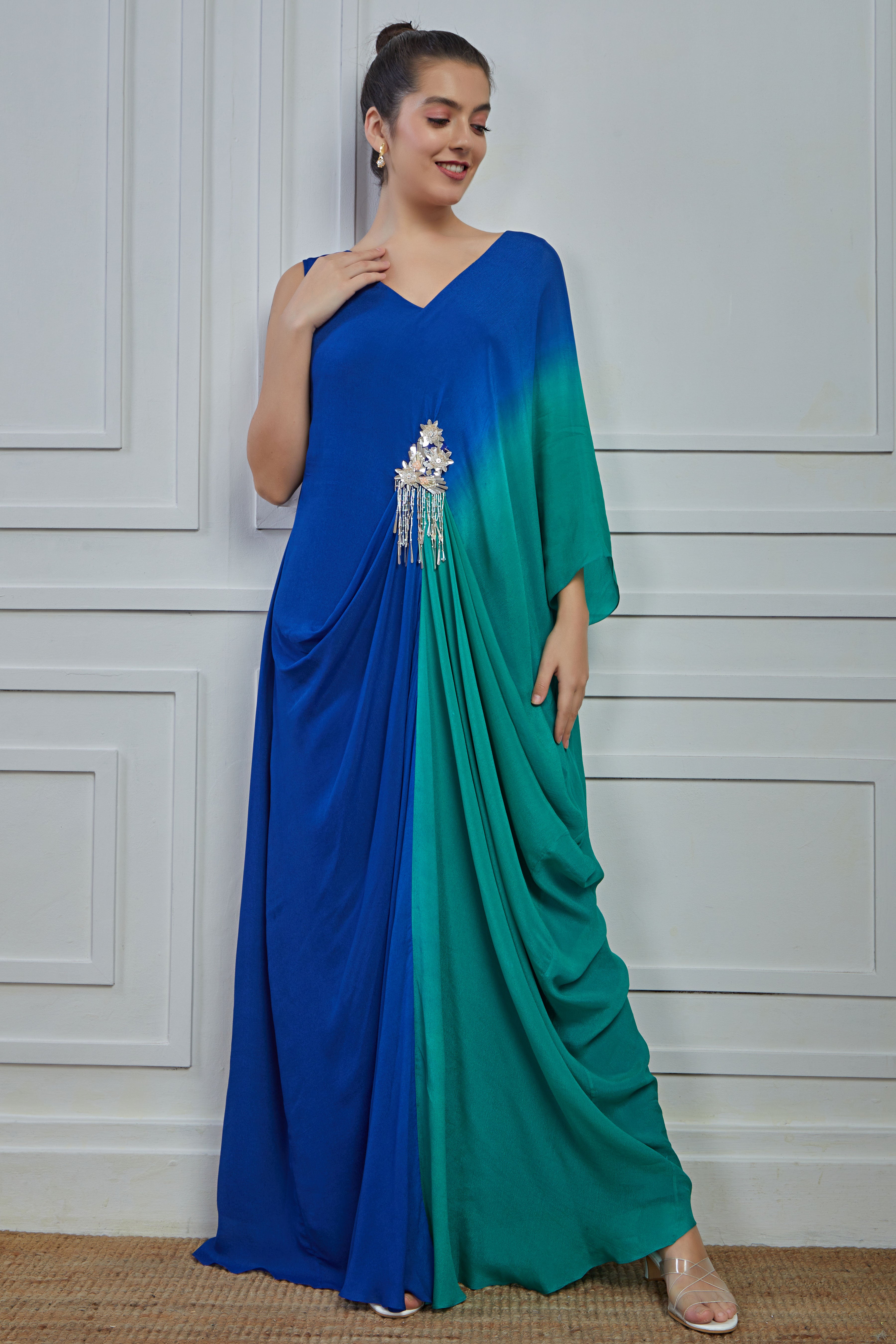 Blue Ombre-Dyed Crepe Silk Gown Dress