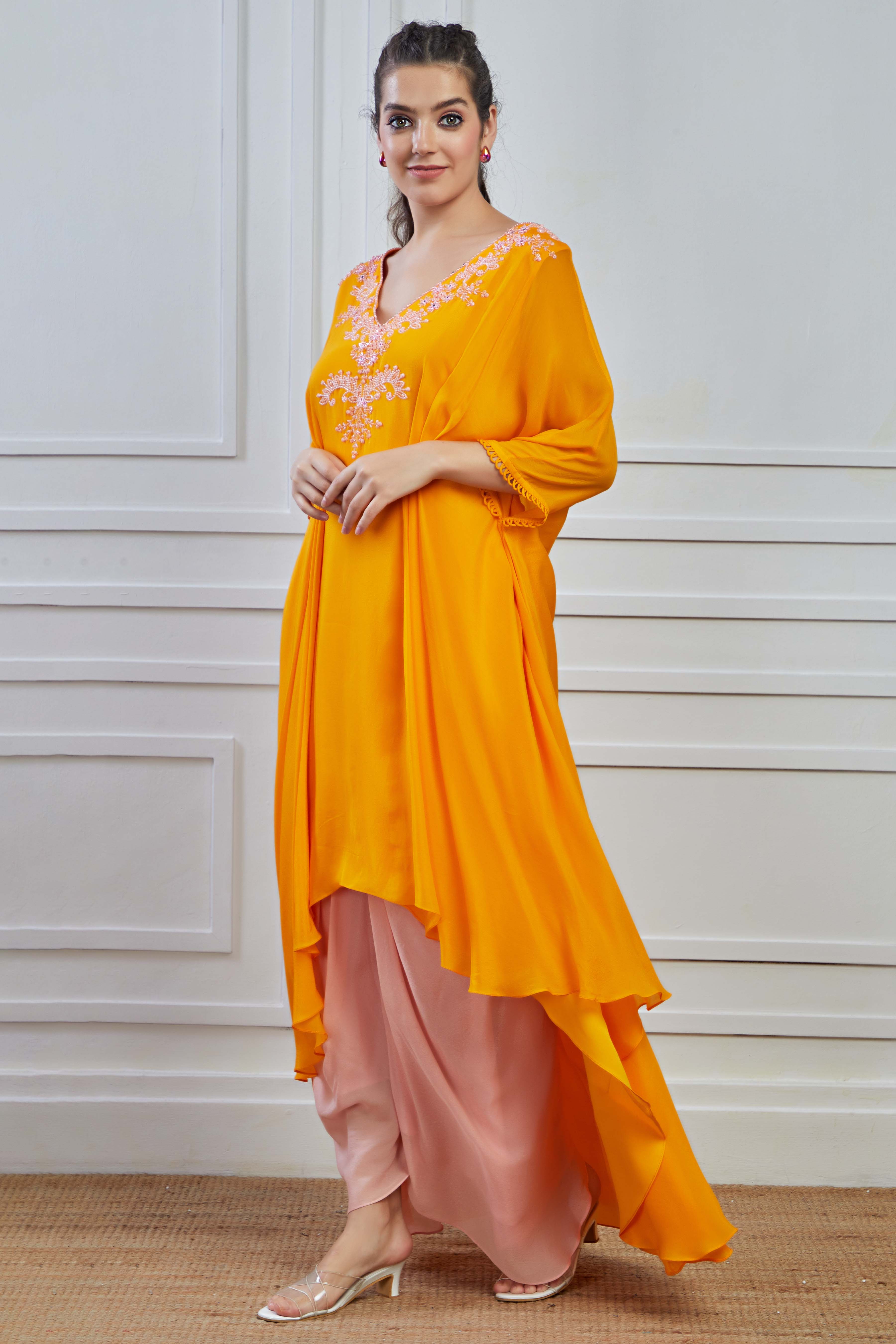 Yellow Embellished Crepe Silk Kurta Cowl Pants