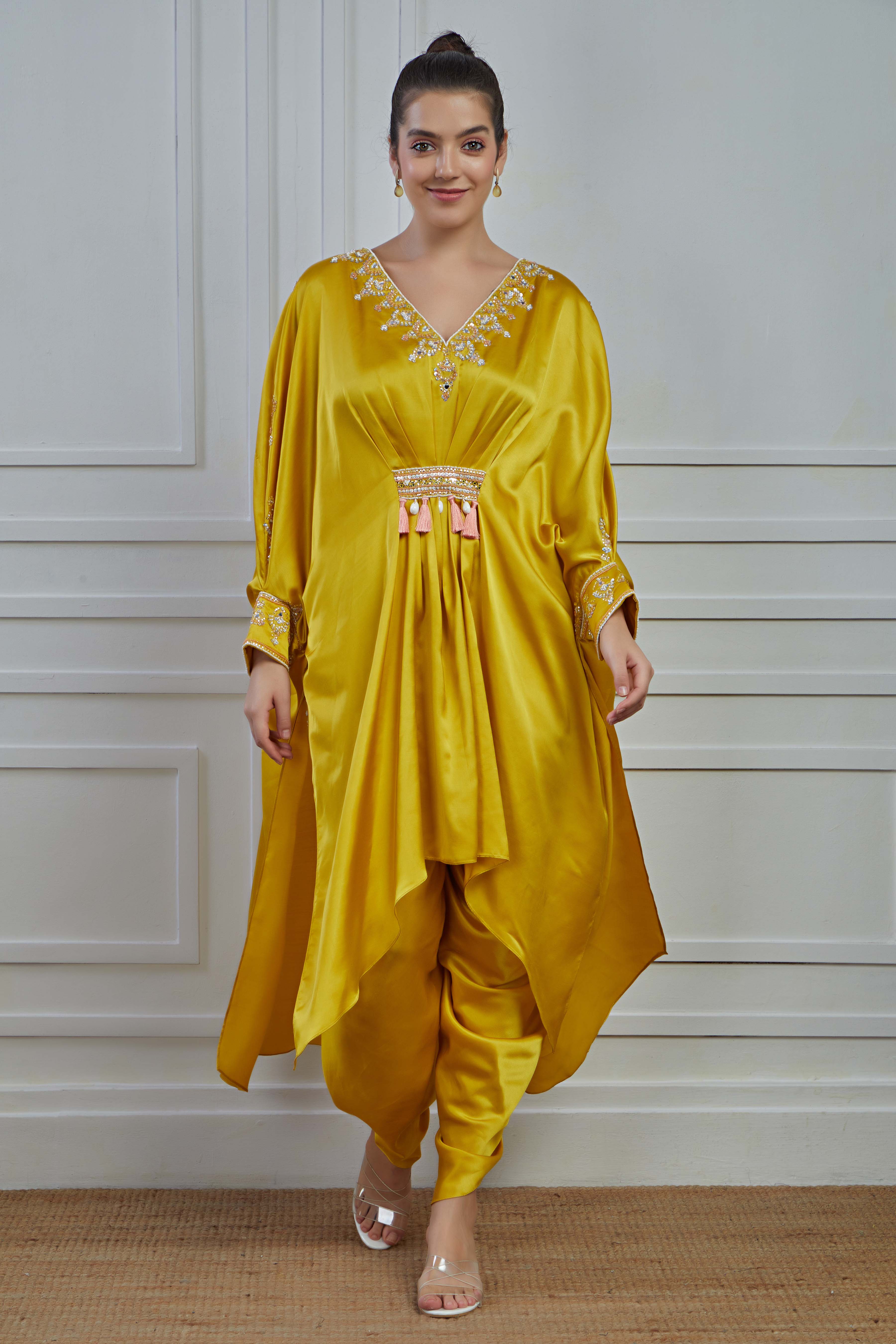 Golden Embellished Crepe Silk Kaftan Dhoti Set