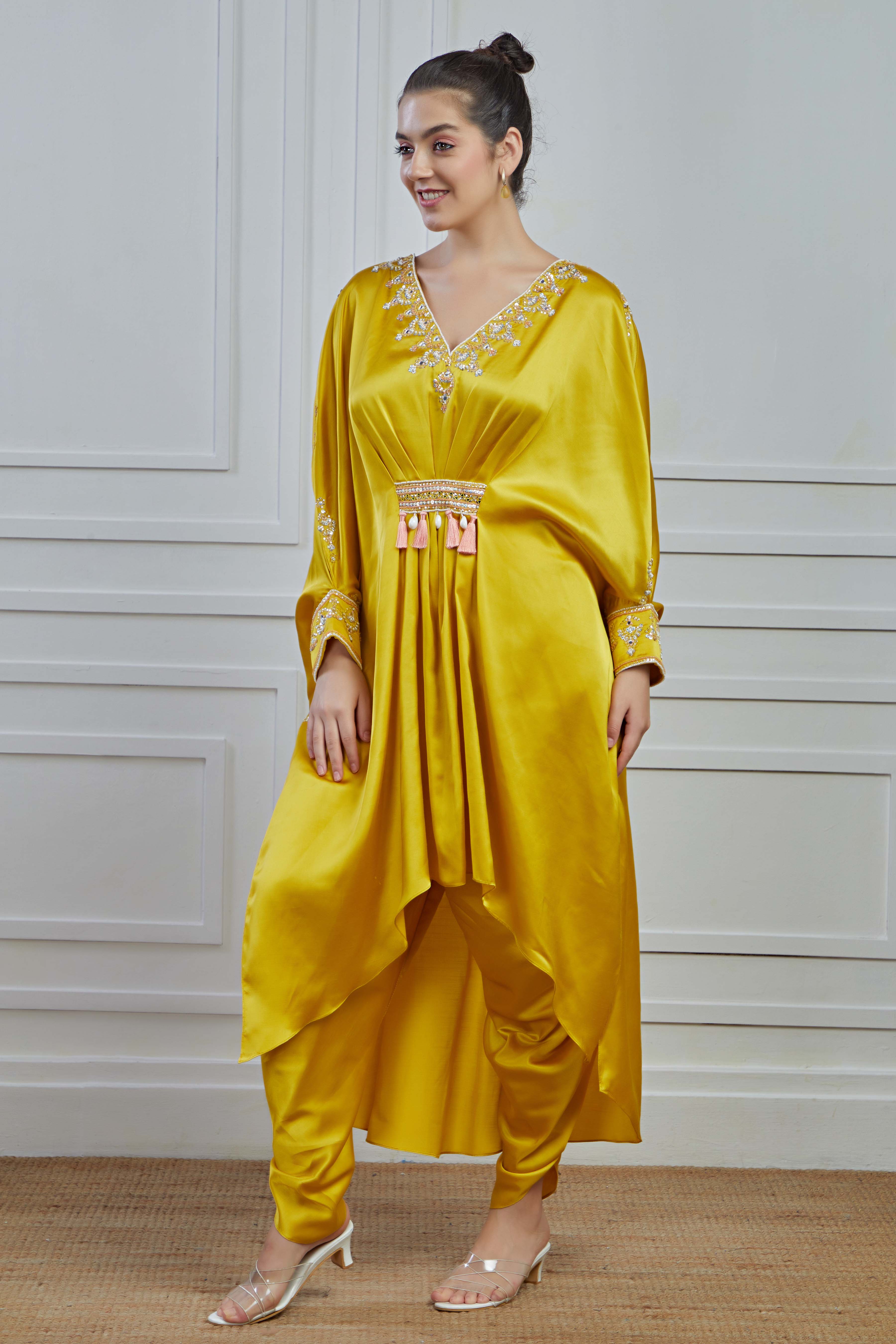 Golden Embellished Crepe Silk Kaftan Dhoti Set