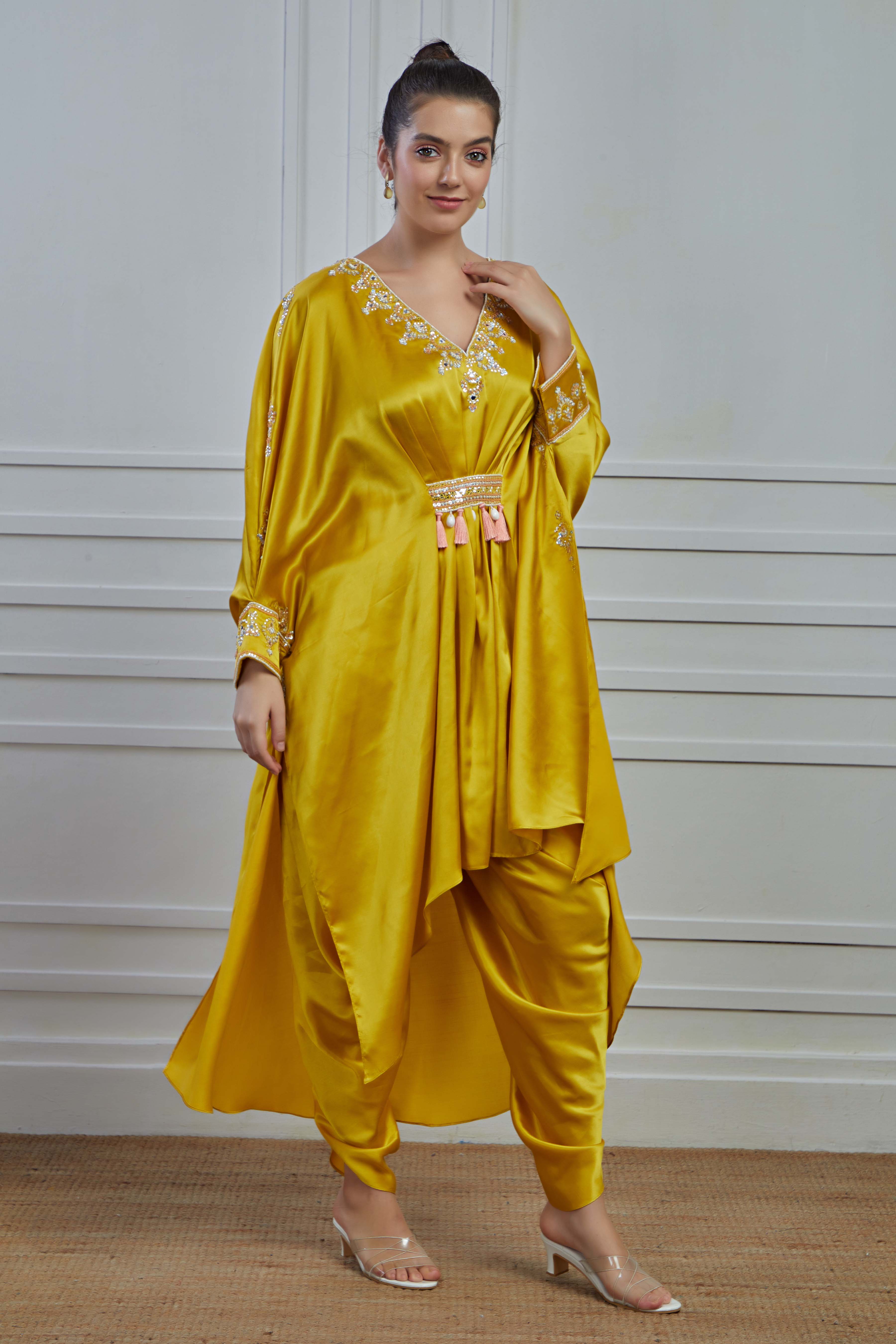 Golden Embellished Crepe Silk Kaftan Dhoti Set