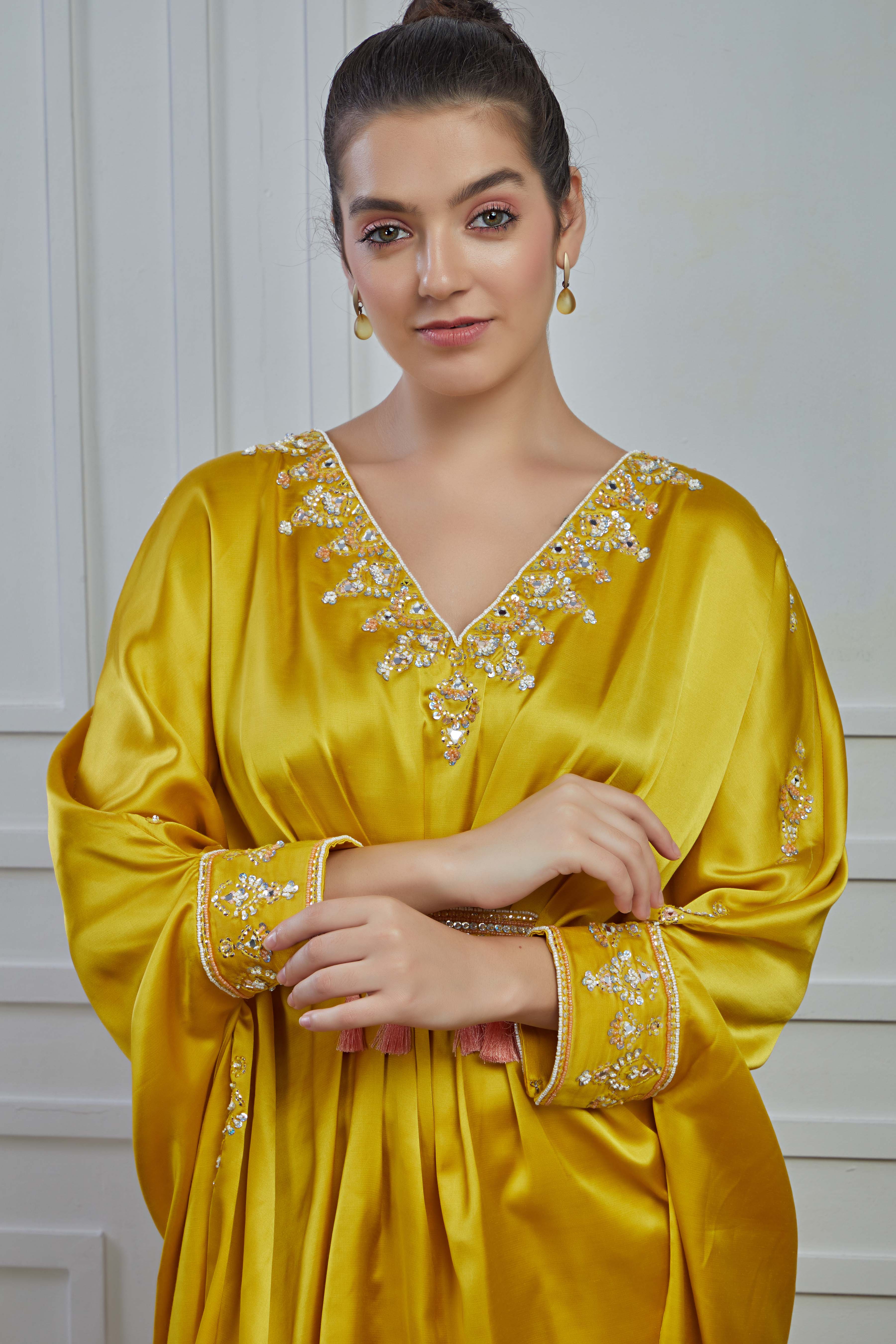 Golden Embellished Crepe Silk Kaftan Dhoti Set