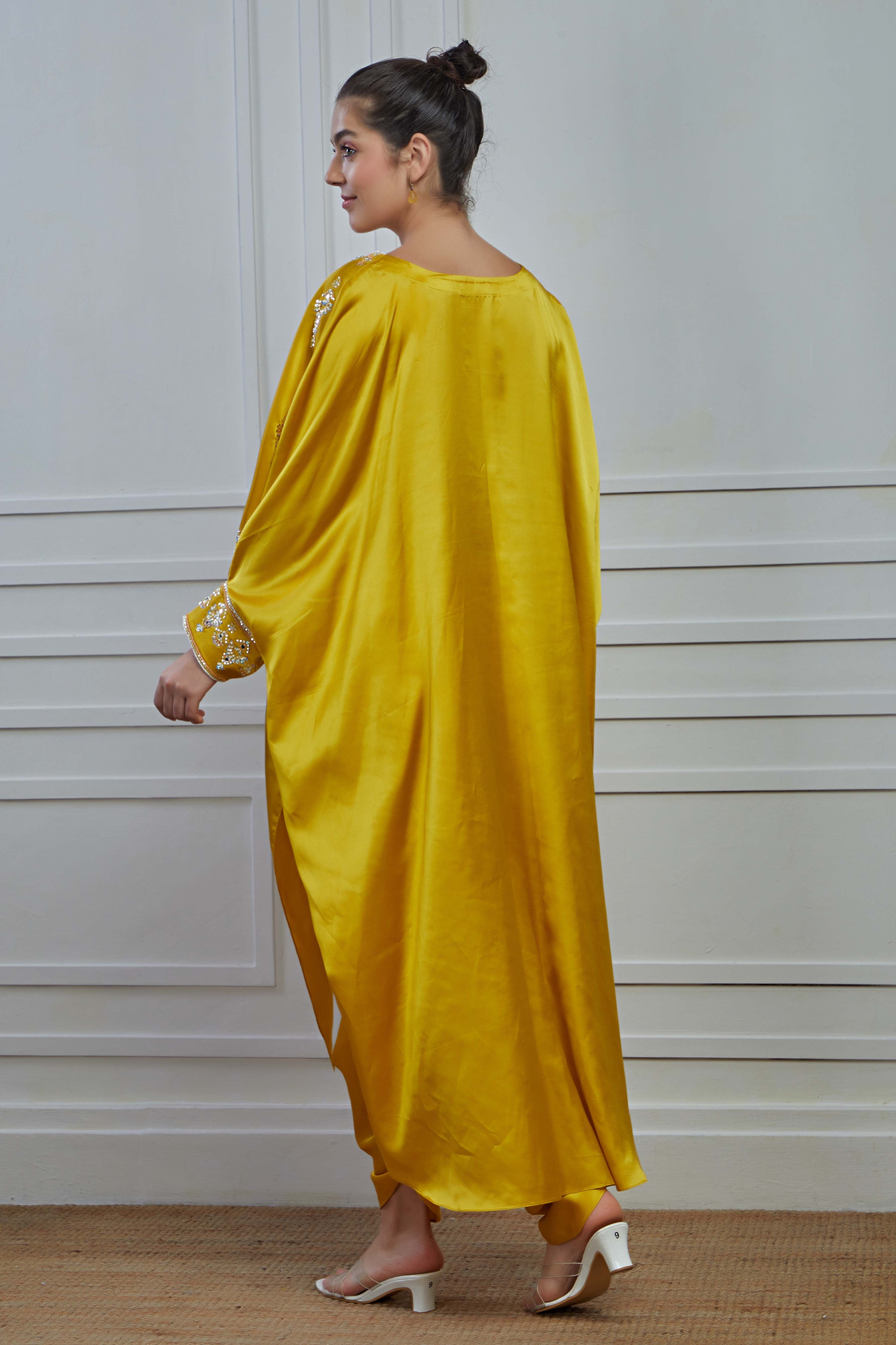 Golden Embellished Crepe Silk Kaftan Dhoti Set