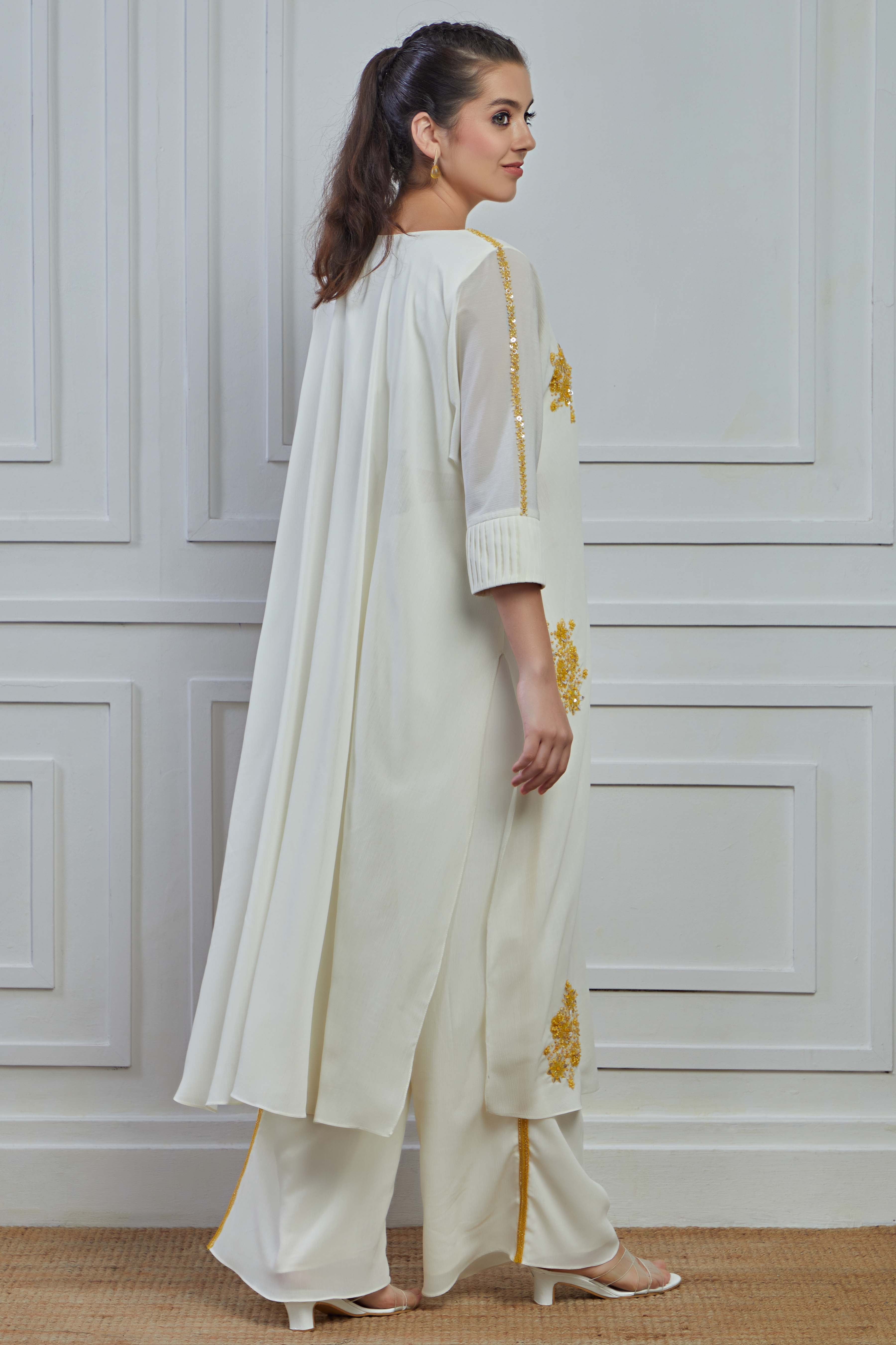 White Floral Embellished Crepe Silk Kurta Palazzo Set