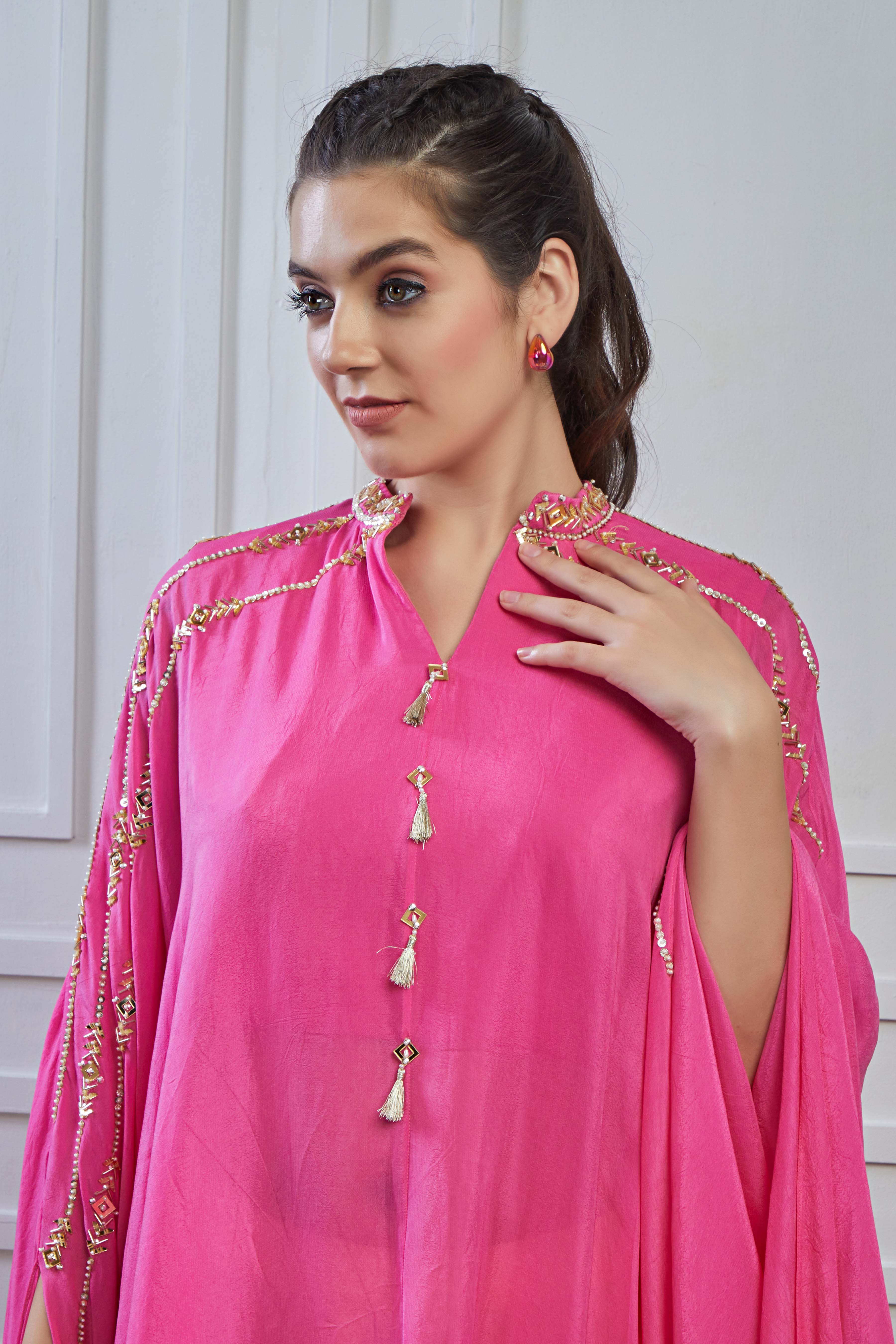 Pink Embellished Crepe Silk Kaftan Dhoti Set