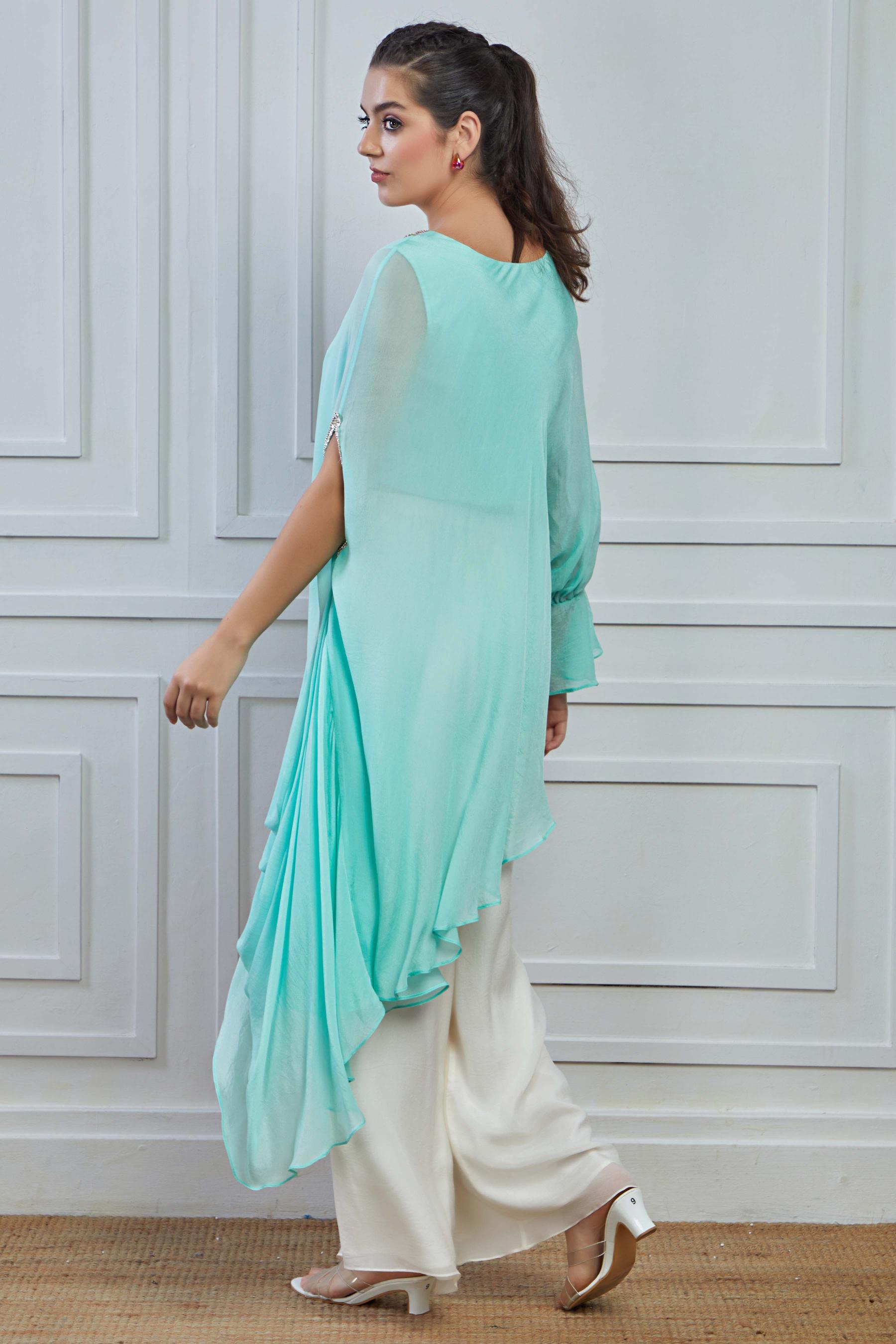 Light Teal Solid Crepe Silk Draped Tunic Palazzo Set