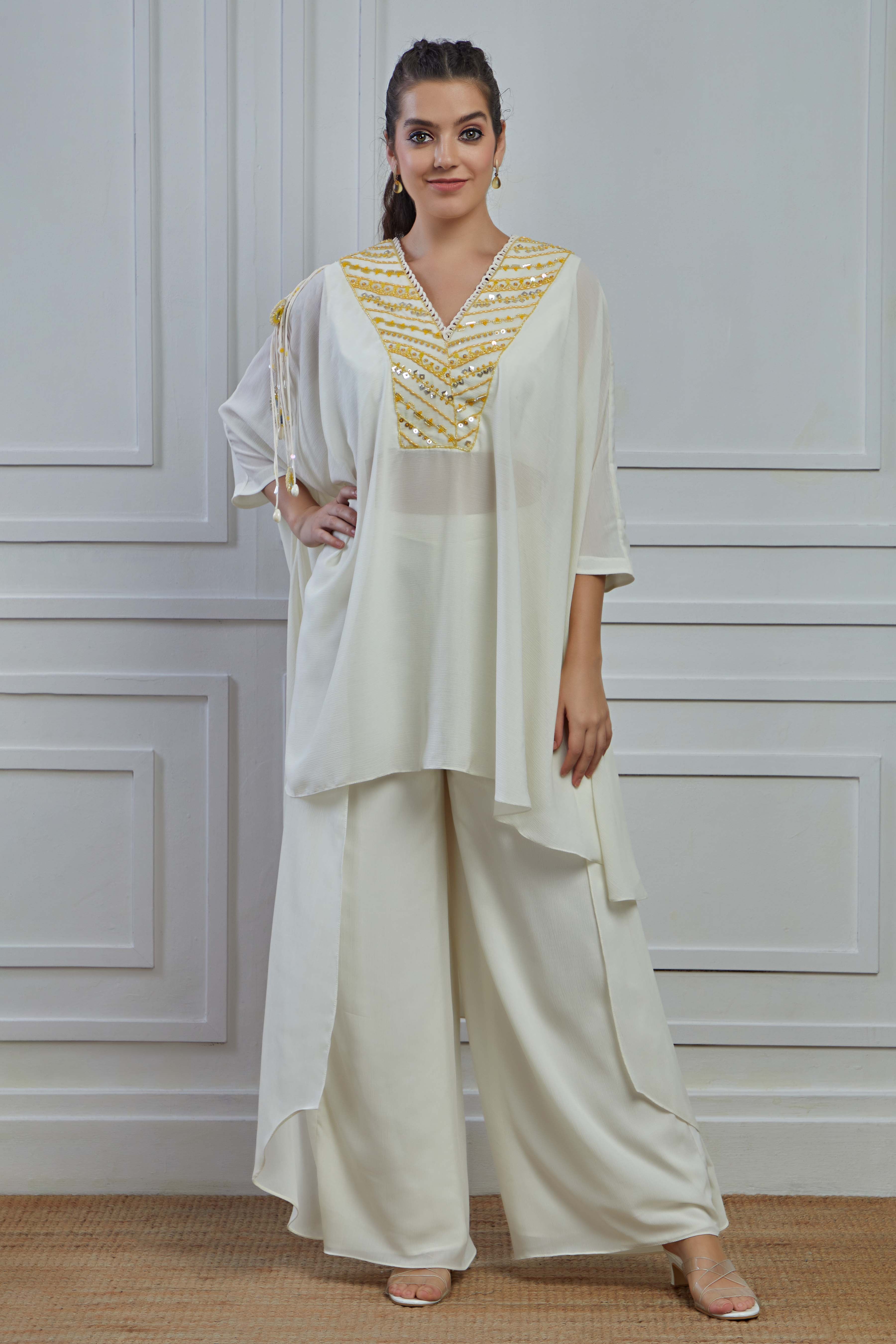 Pearl White Embroidered Crepe Silk Kurta Palazzo Set