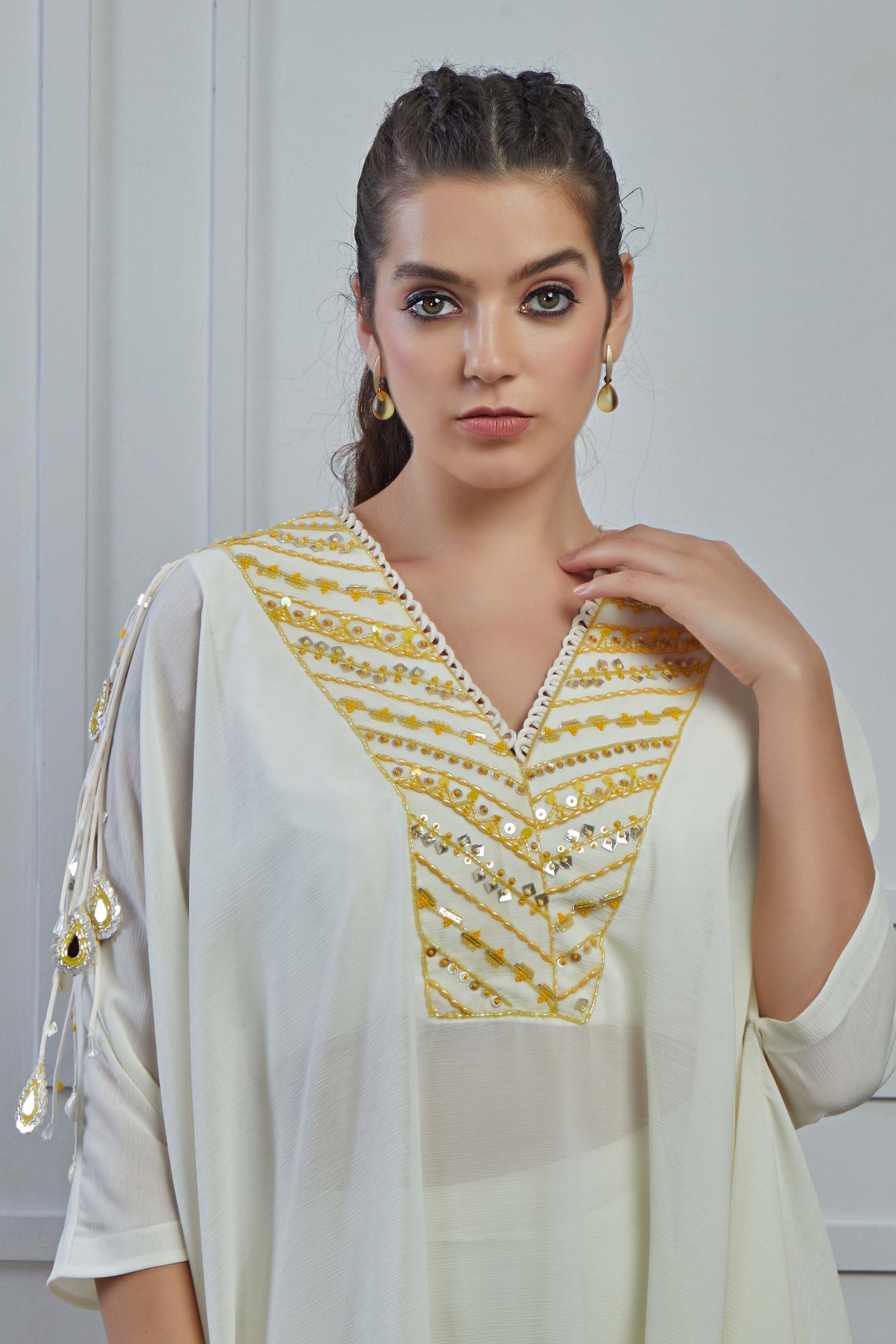 Pearl White Embroidered Crepe Silk Kurta Palazzo Set