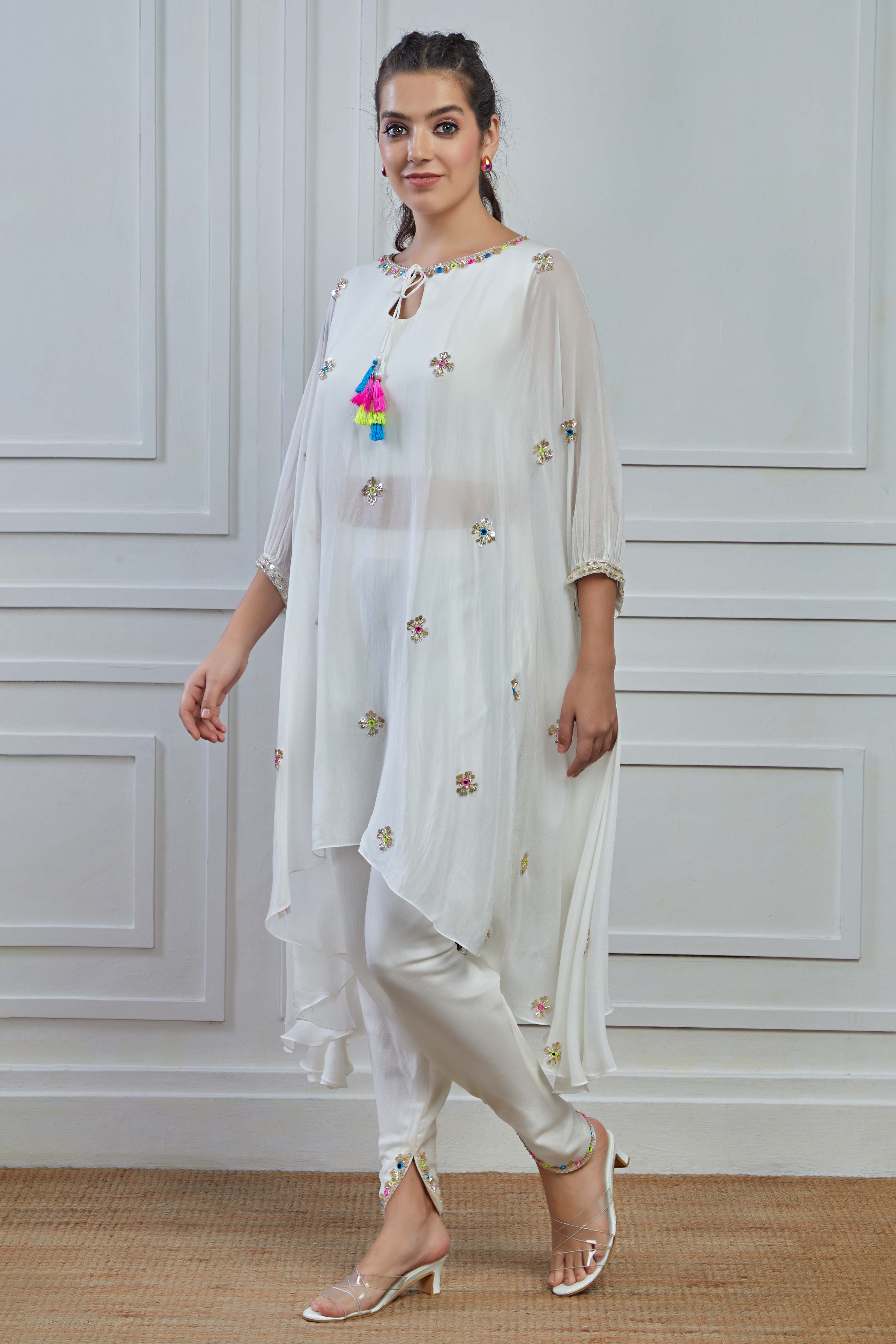 White Embellished Crepe Silk Kurta Dhoti Set