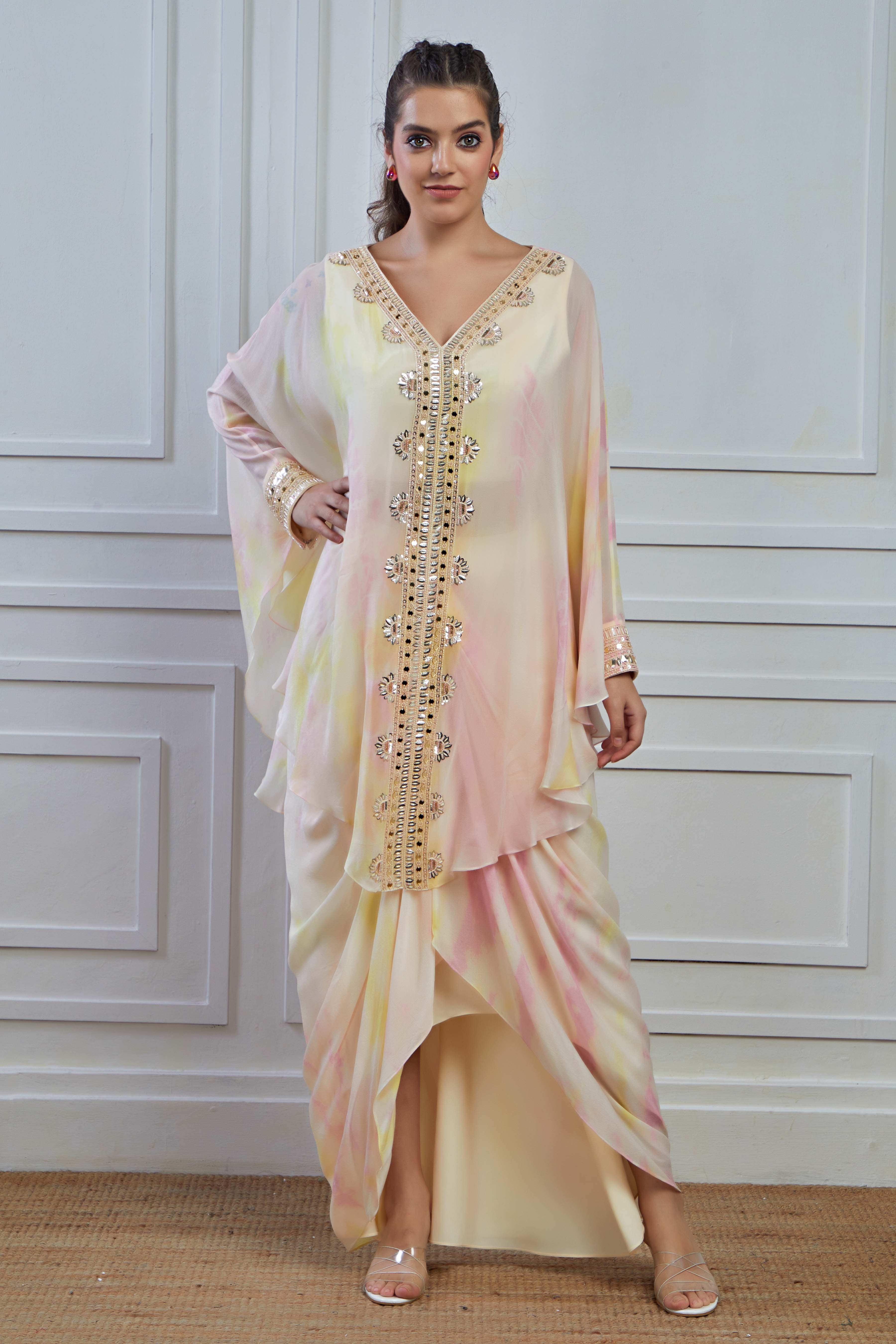 Cream Ombre-Dyed Crepe Silk Kaftan Skirt Set