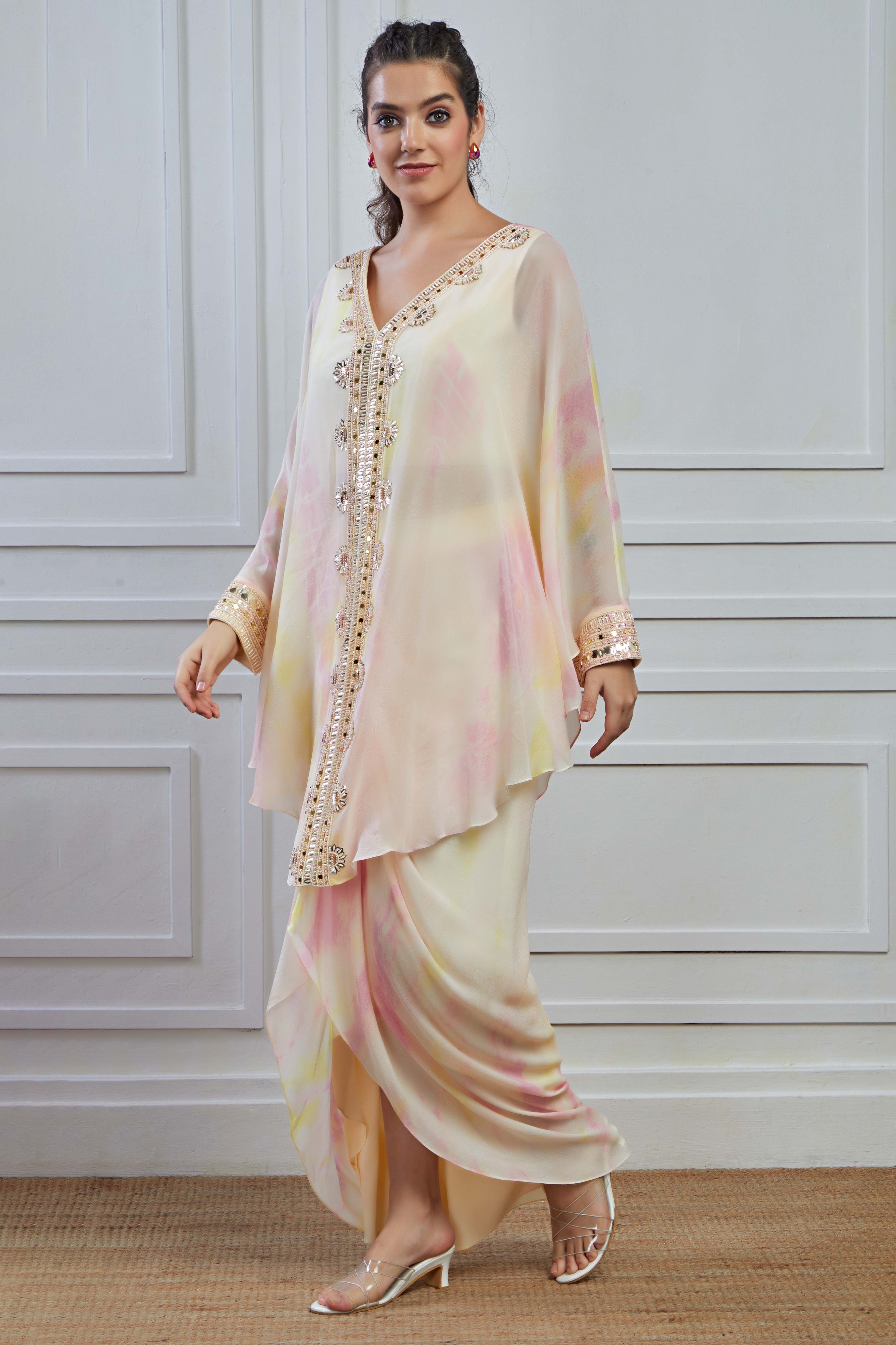 Cream Ombre-Dyed Crepe Silk Kaftan Skirt Set