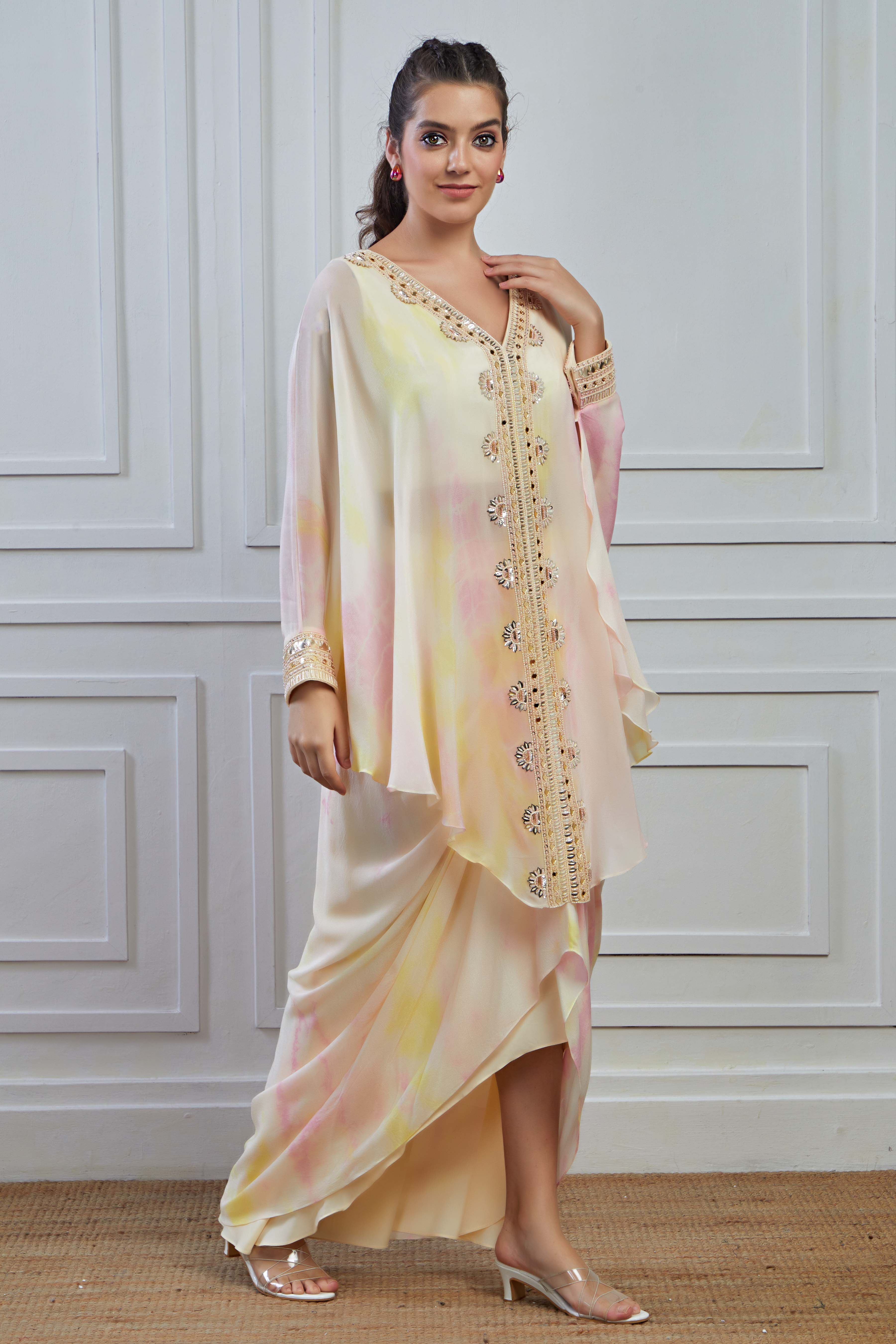 Cream Ombre-Dyed Crepe Silk Kaftan Skirt Set