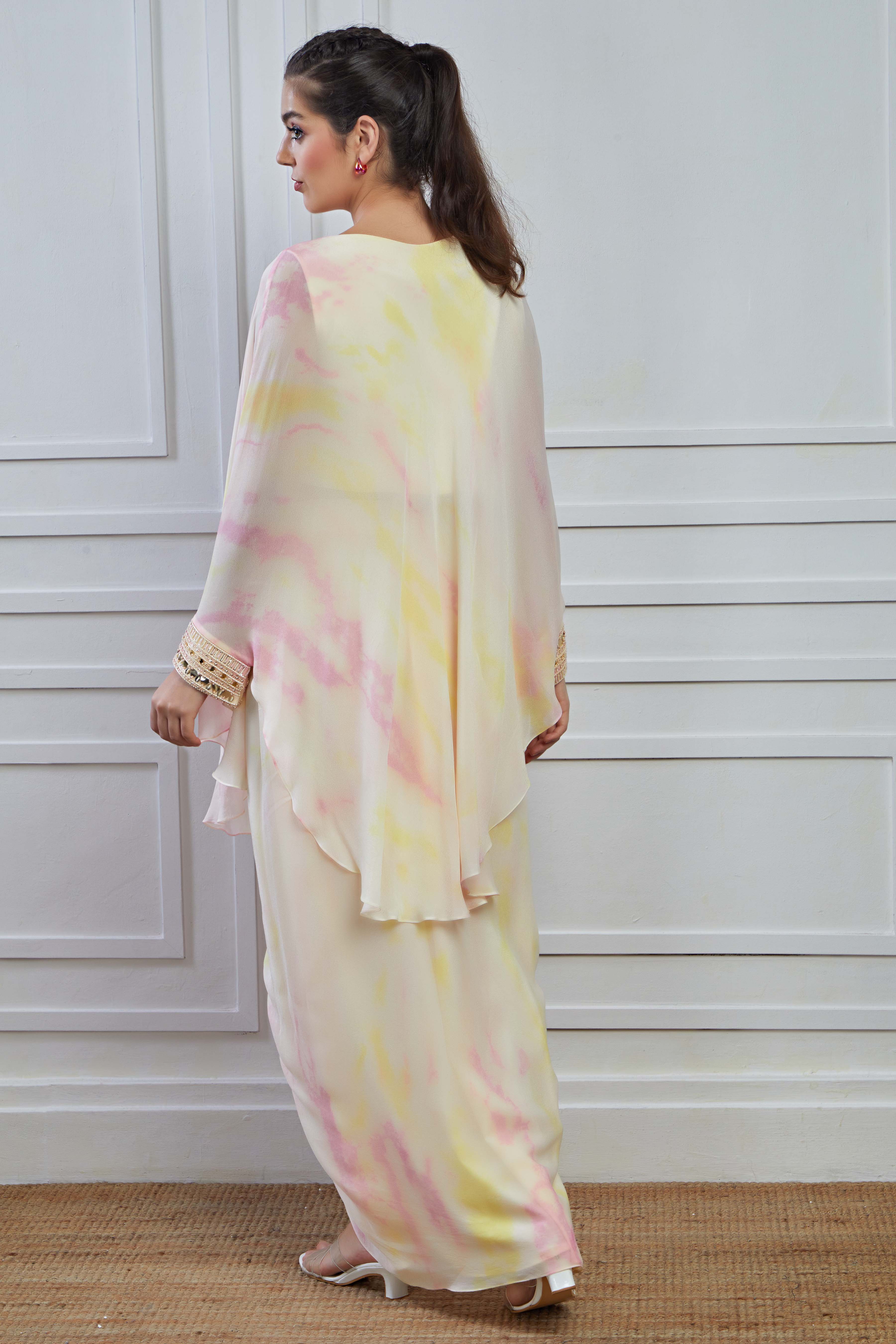 Cream Ombre-Dyed Crepe Silk Kaftan Skirt Set