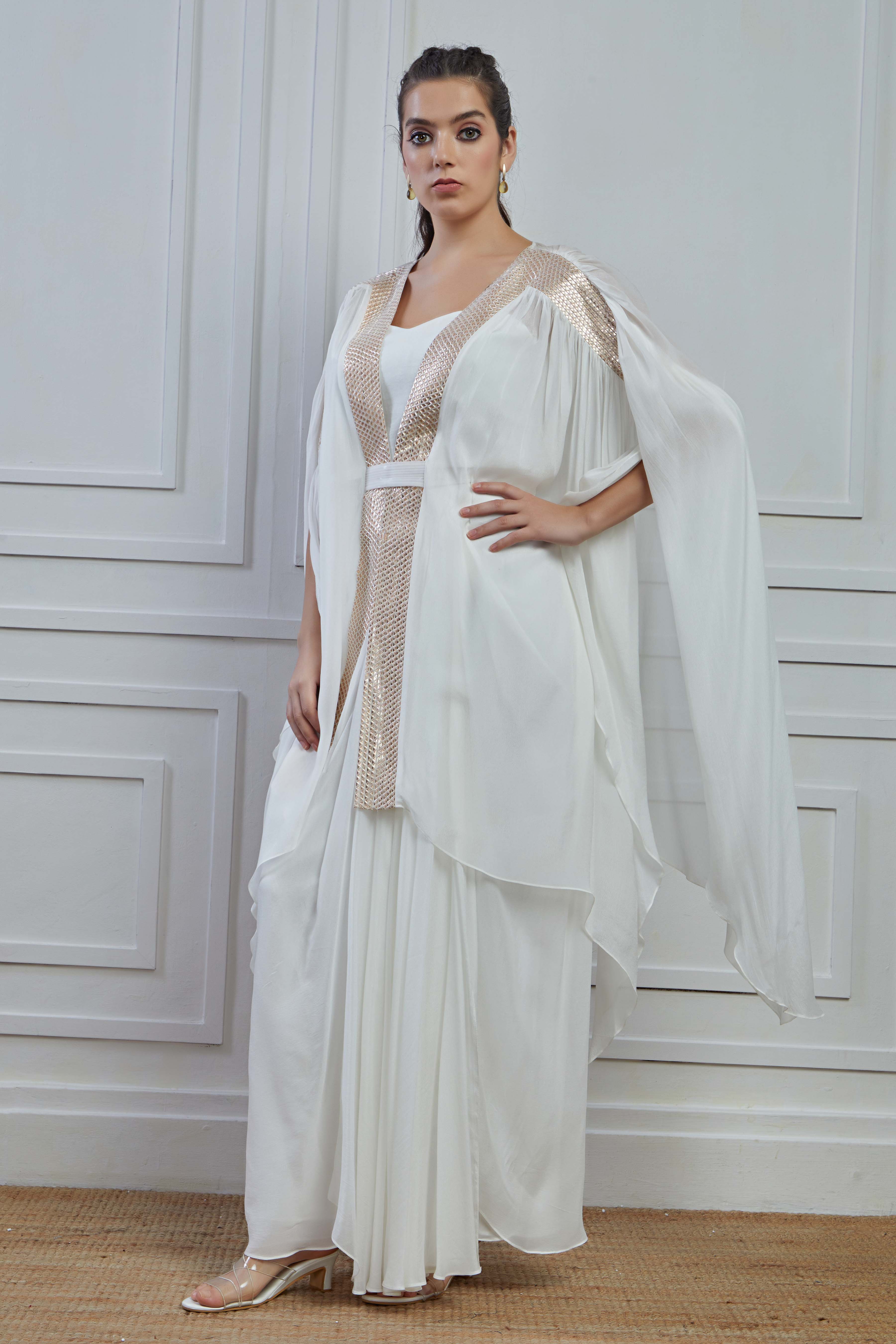 Serene White Solid Crepe Silk Cape Skirt Set