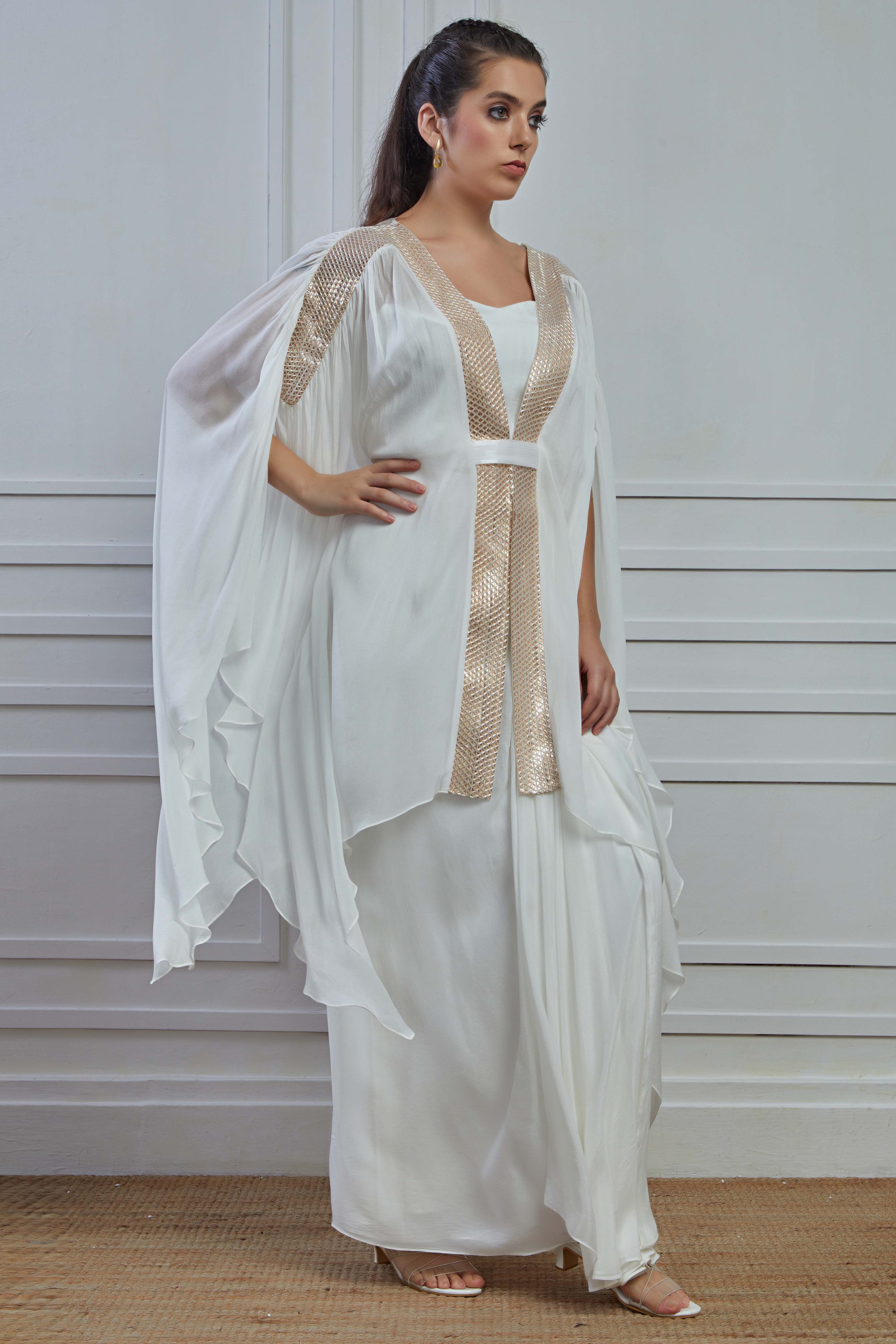 Serene White Solid Crepe Silk Cape Skirt Set