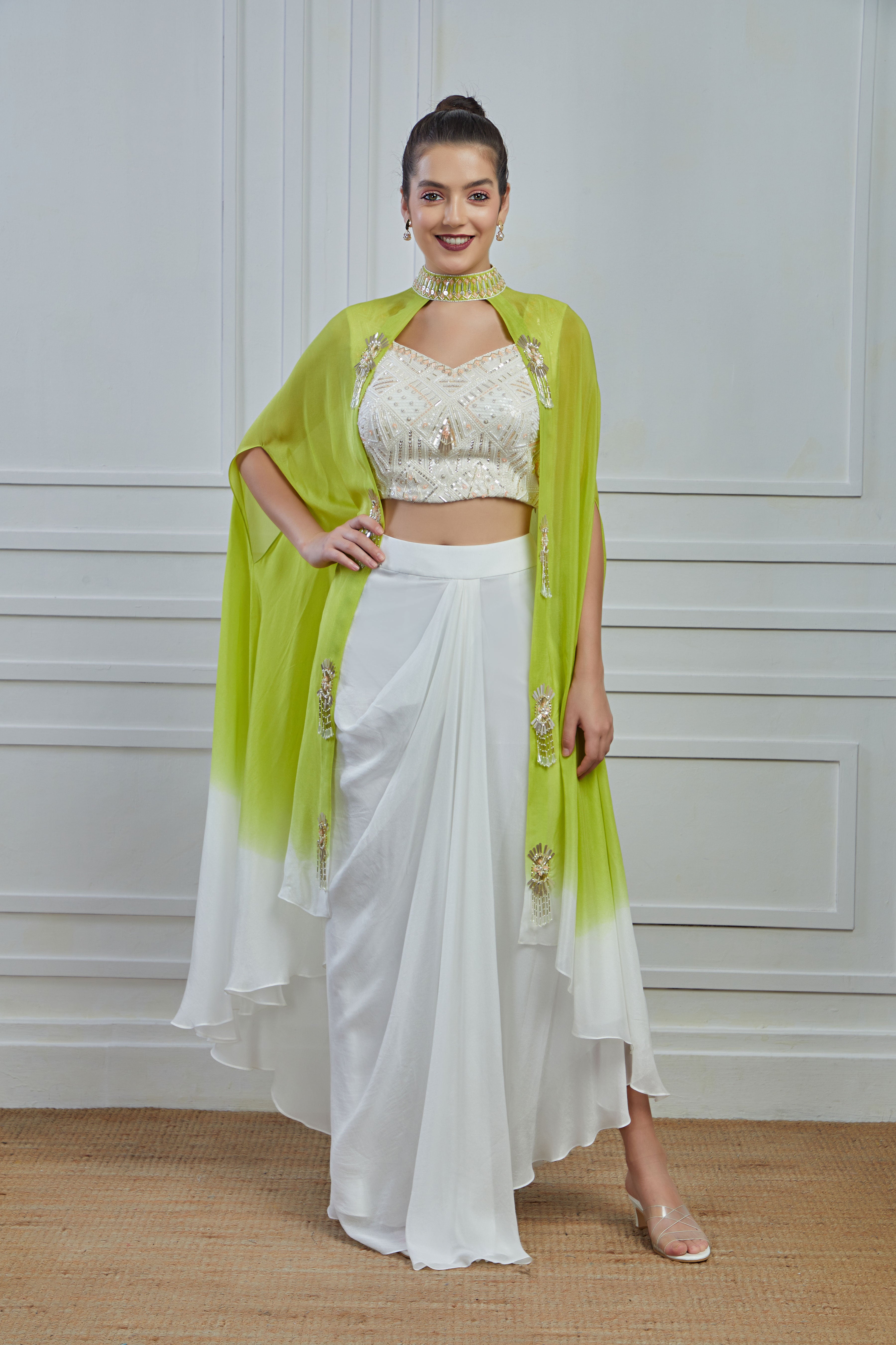 White Ombre-Dyed Crepe Silk Cape Skirt Set